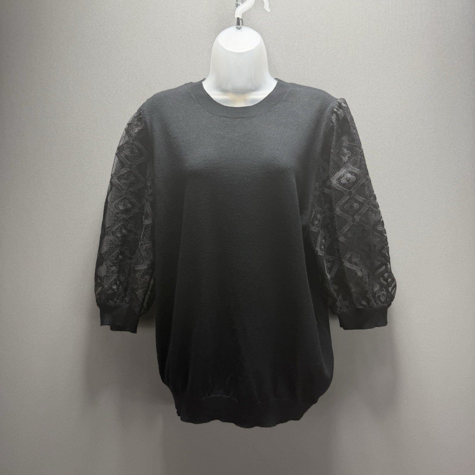 Jade By Melody Tam Women M/L Black Knit Sweater Sheer Floral Lace Balloon Sleeve