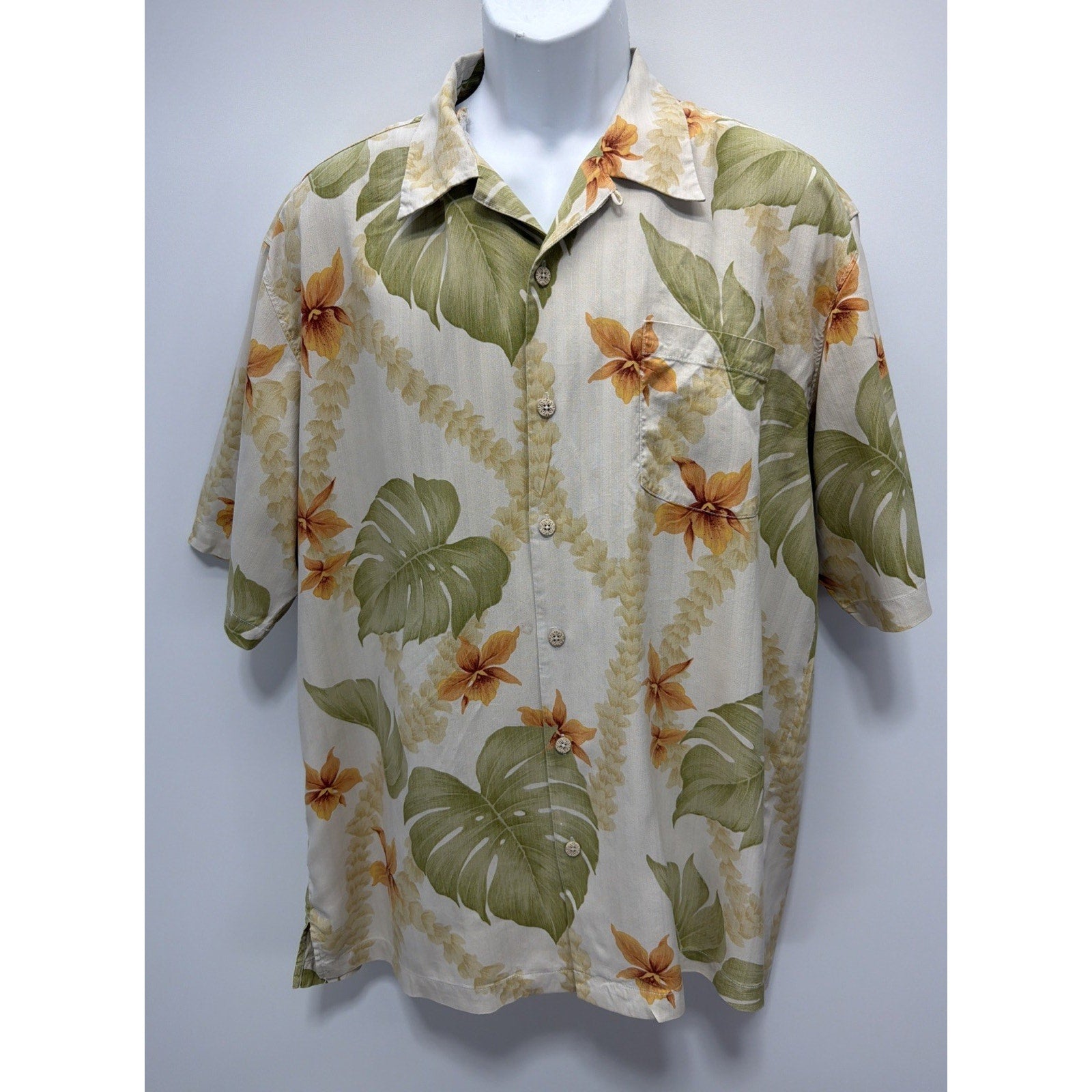 Mens Size XL Tommy Bahama 100% Silk Camp Shirt Yellow Green Foliage