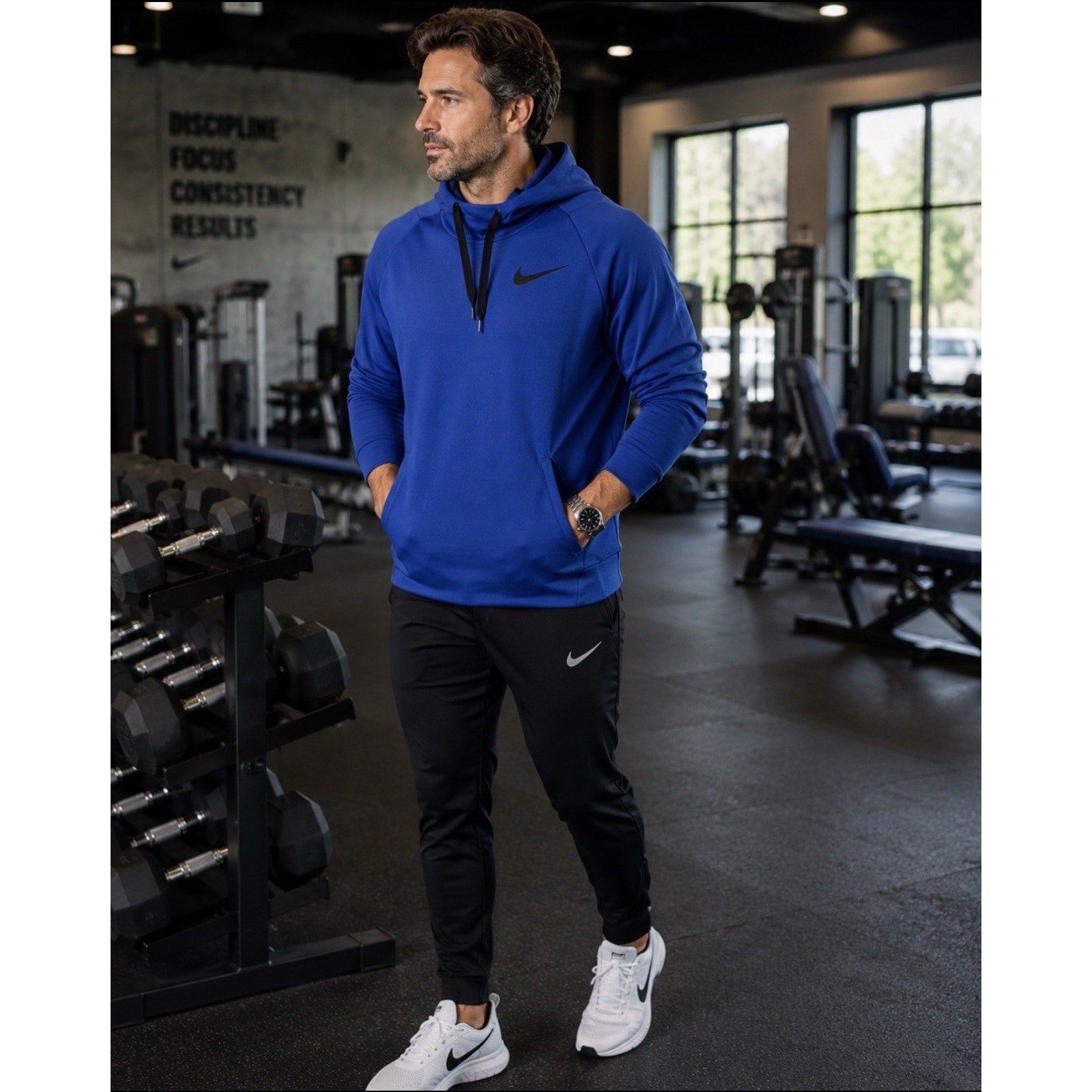 Nike Hoodie Mens Small Blue Therma Pullover Swoosh Athletic Training Sweatshirt