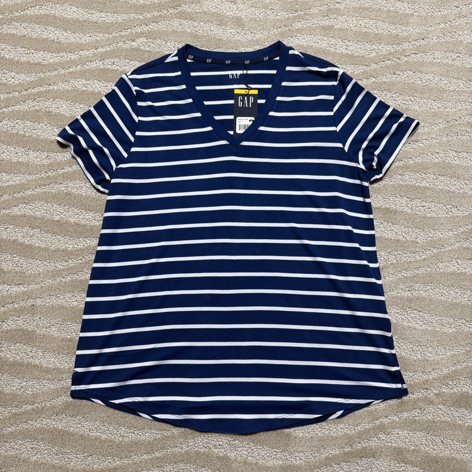 Women's M GAP Blue & White Striped V-Neck Short Sleeve Tee Minimalist NWT