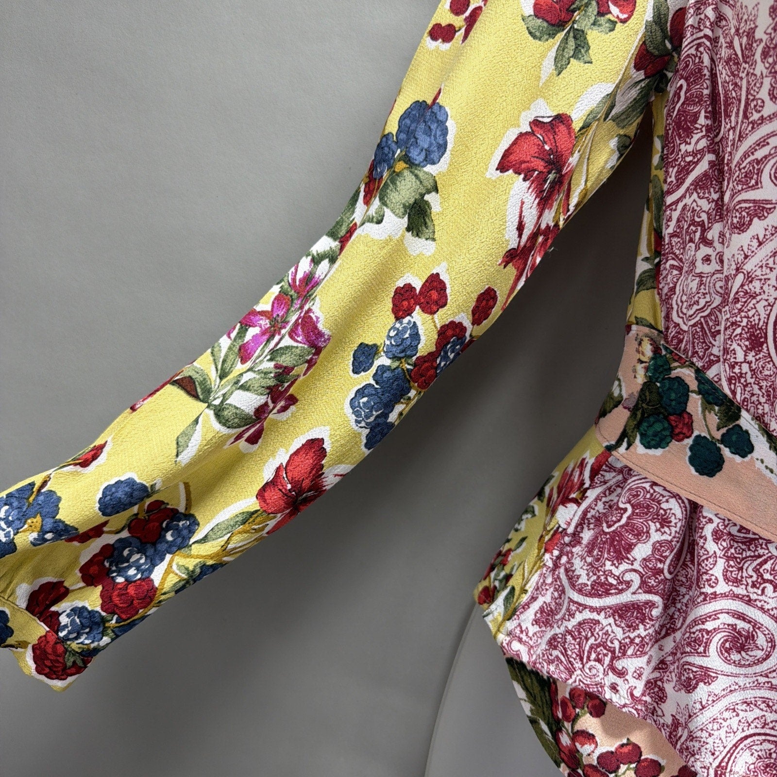 Anthropologie Meadow Rue Floral Patchwork Wrap Top Blouse Long Sleeve Tie Size 2