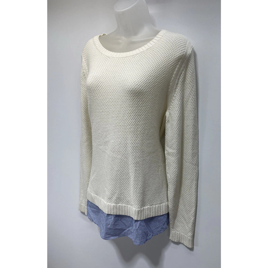 Talbots Sz L Layered Look Ivory Knit 2 in 1 Sweater with Blue Faux Shirt Tails