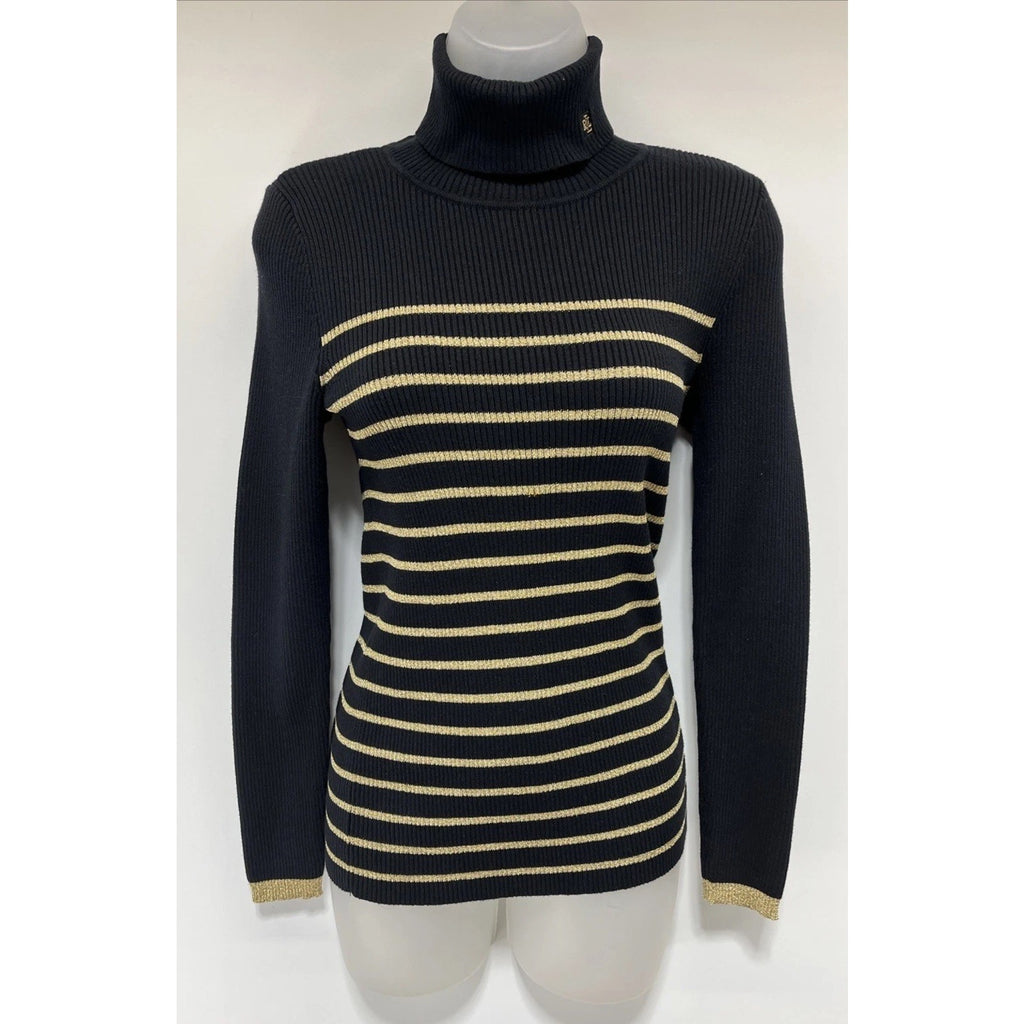 Lauren Ralph Lauren black golden metallic stripped turtle neck sweater size S