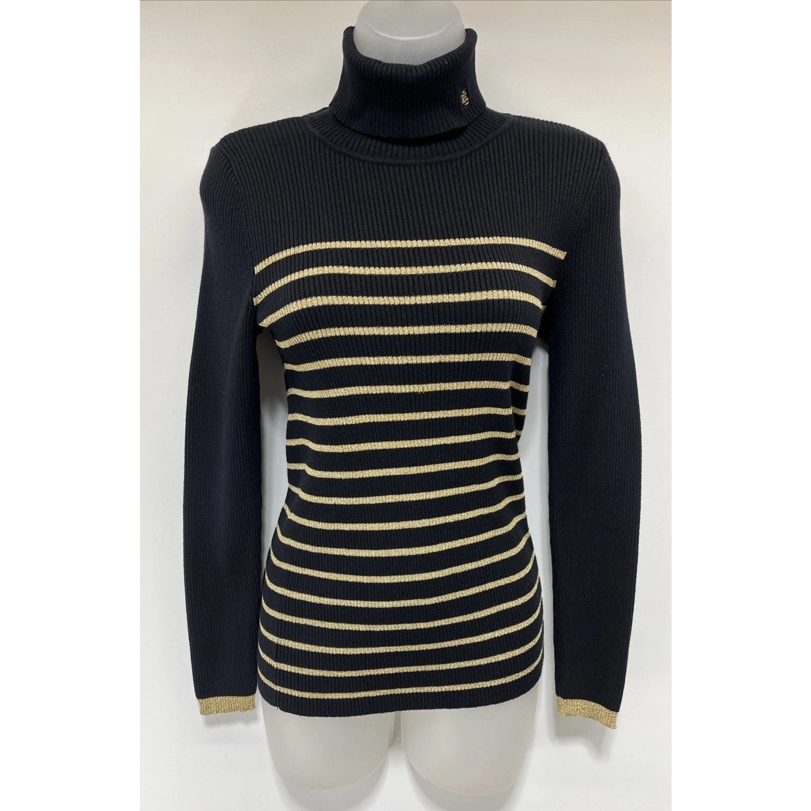 Lauren Ralph Lauren black golden metallic stripped turtle neck sweater size S