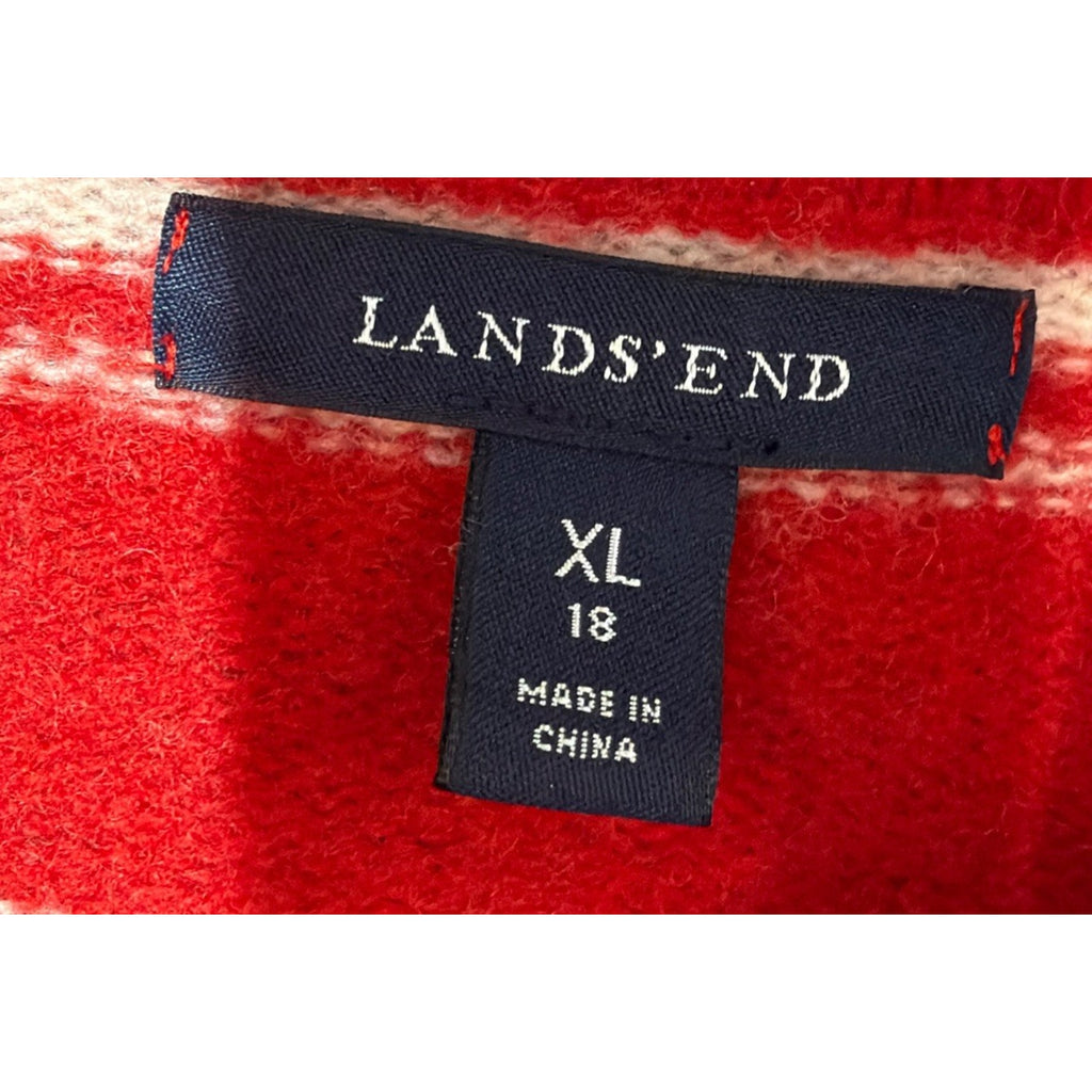 Lands’ End Womens XL 18 Red White Striped Lambswool Sweater Jacket Button Front