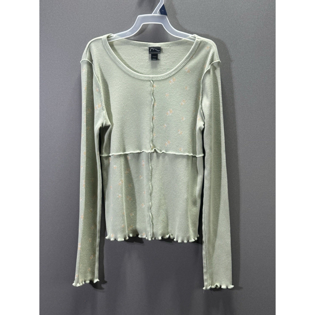 Art Class Girls 10/12 L Sage Green Floral Ribbed Top Lettuce Hem Long Sleeve