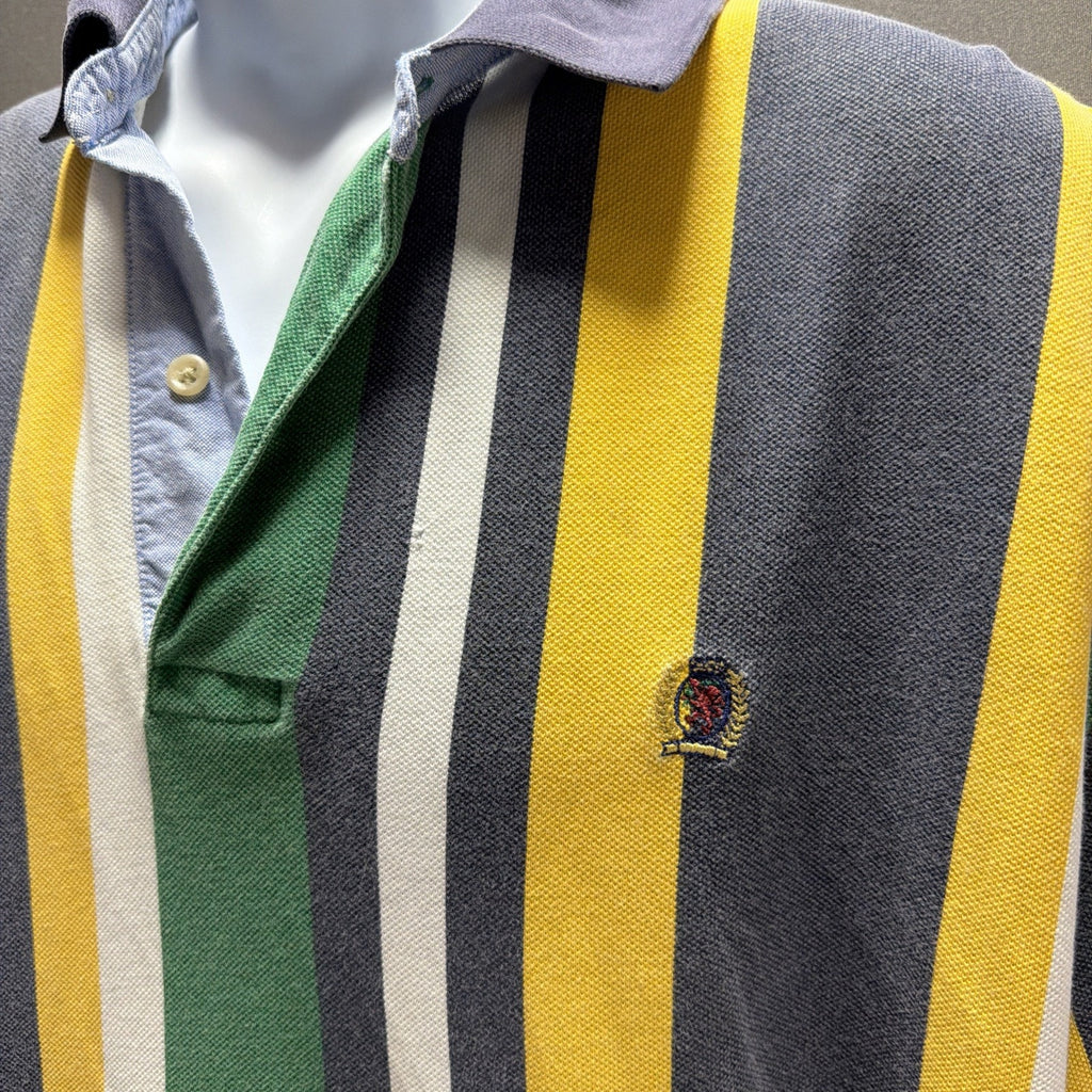 Vintage 90s Tommy Hilfiger Green White Faded Striped Polo Shirt Crest Mens L