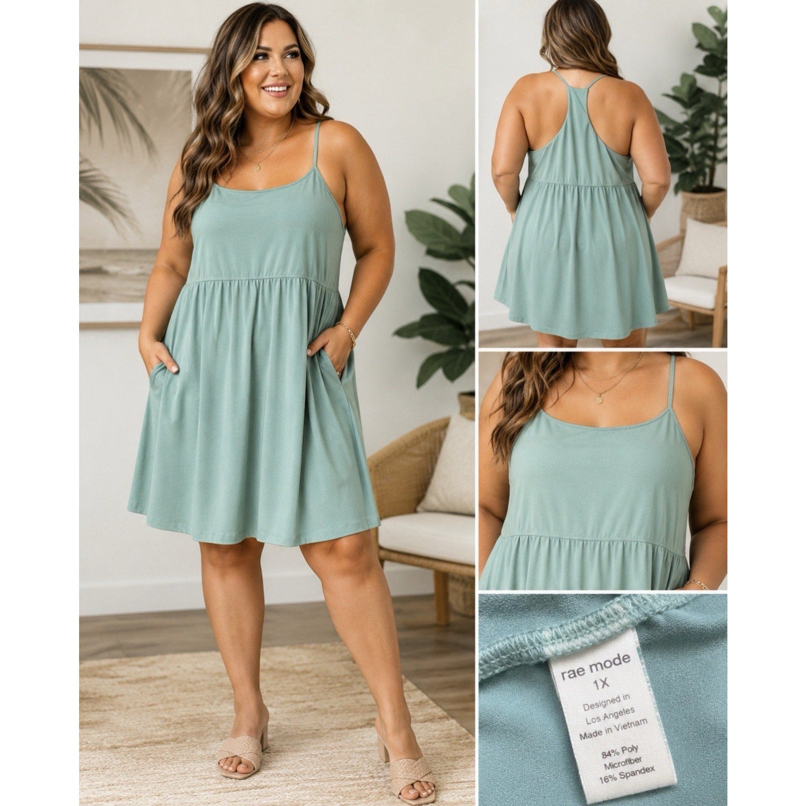 Rae Mode Dress Womens 1X Mint Green Racerback Swing A-Line Stretch Casual