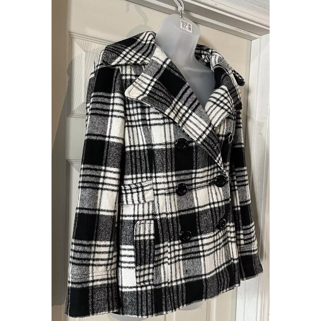 George Plaid Peacoat Size Small Black White Pockets Buttons