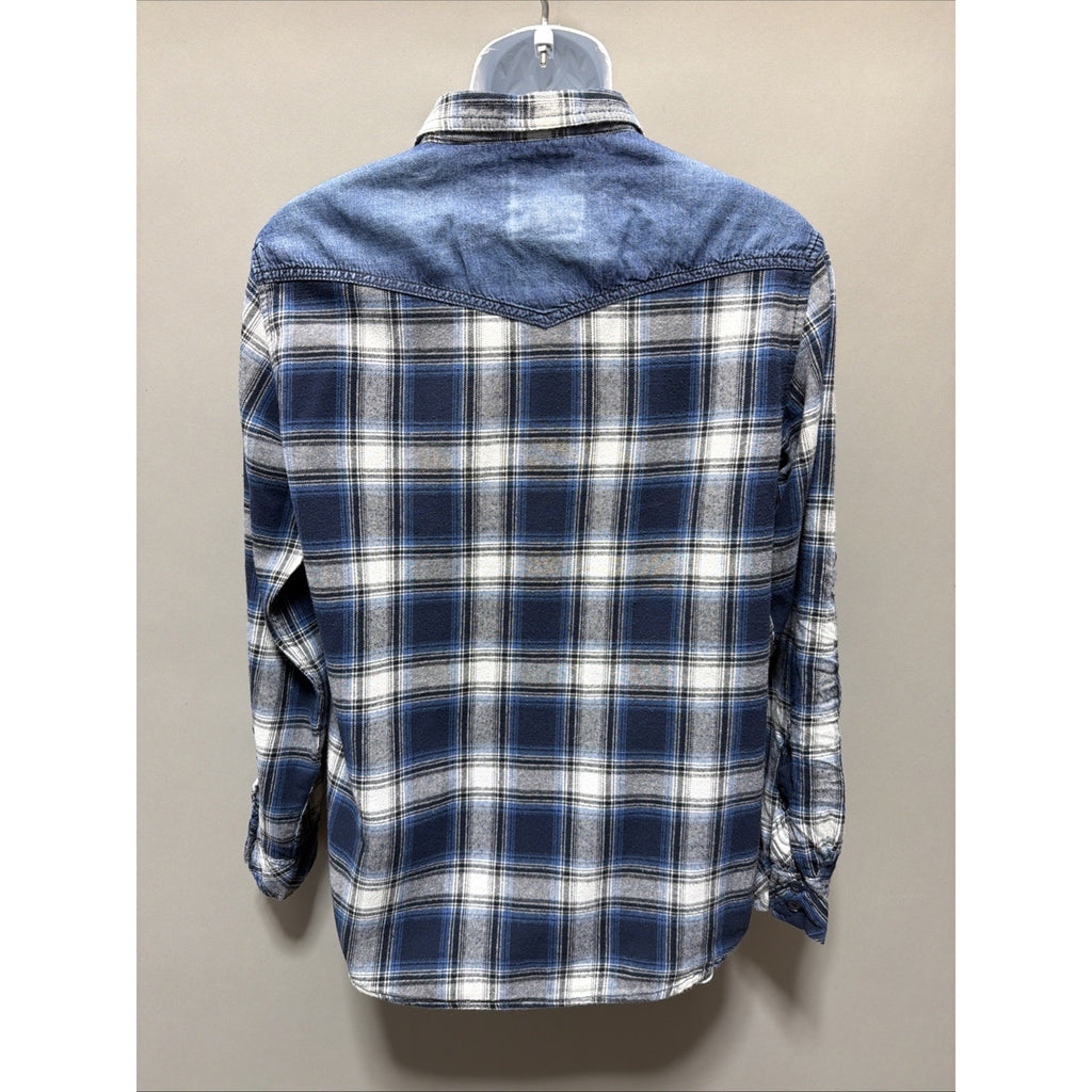 Men's RERUN Blue Plaid Button Down Cowboy Long Sleeve Shirt Size Medium