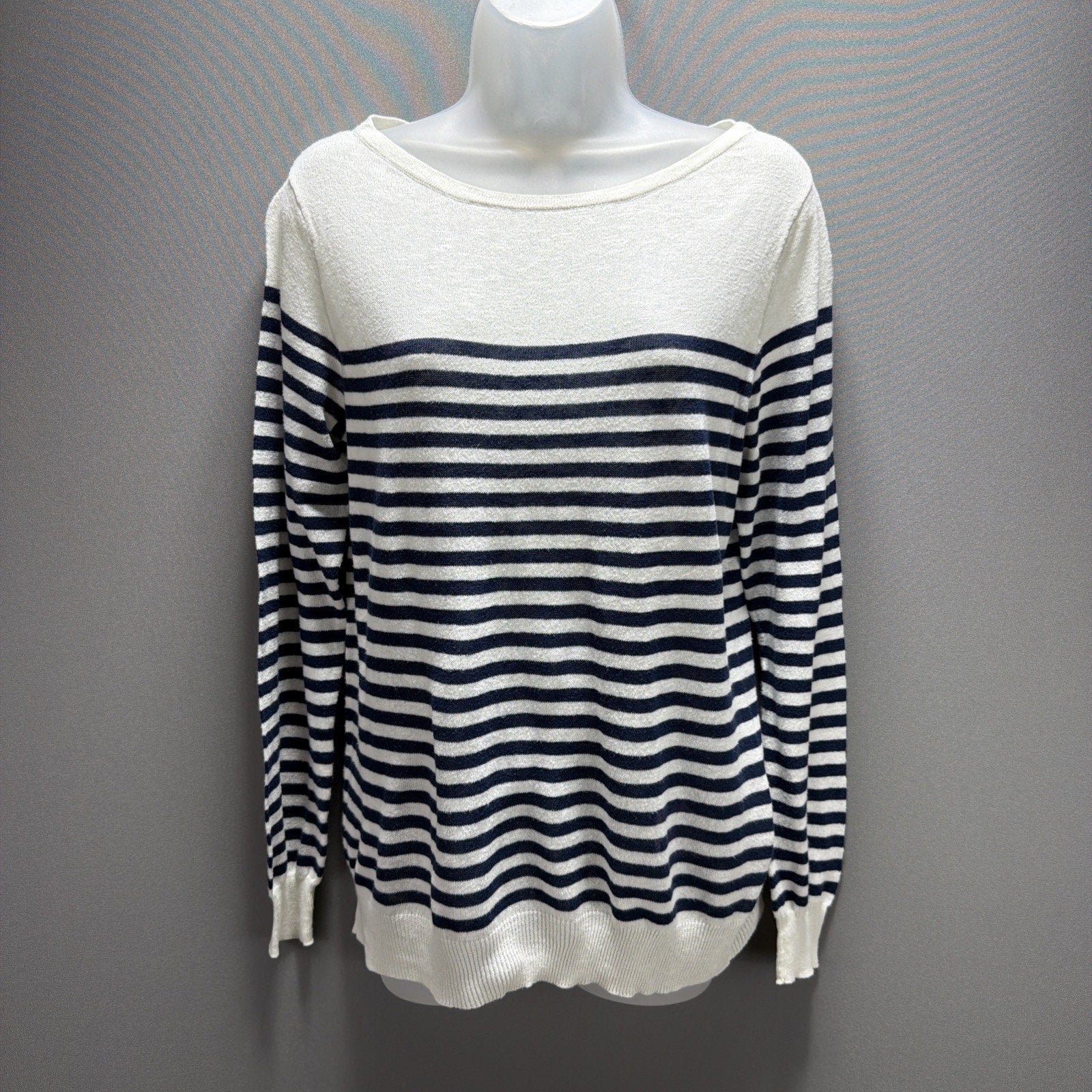 Vtg Ralph Lauren Sport Blue White Linen Cotton Nautical Stripe Women L Sweater