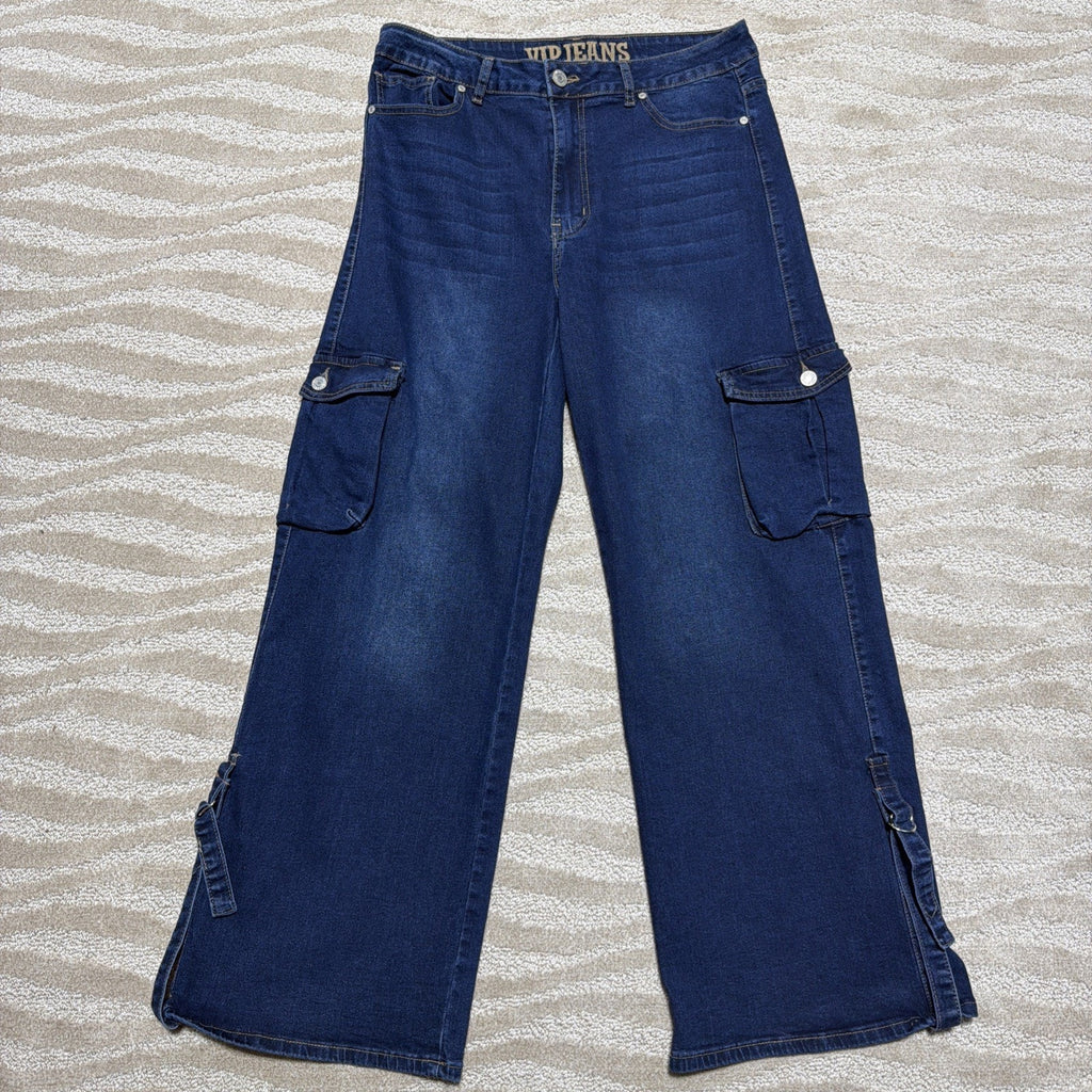 Y2K VIP Baggy Cargo Jeans Wide Leg Baggy Blue Denim 13/31 Strap Utility