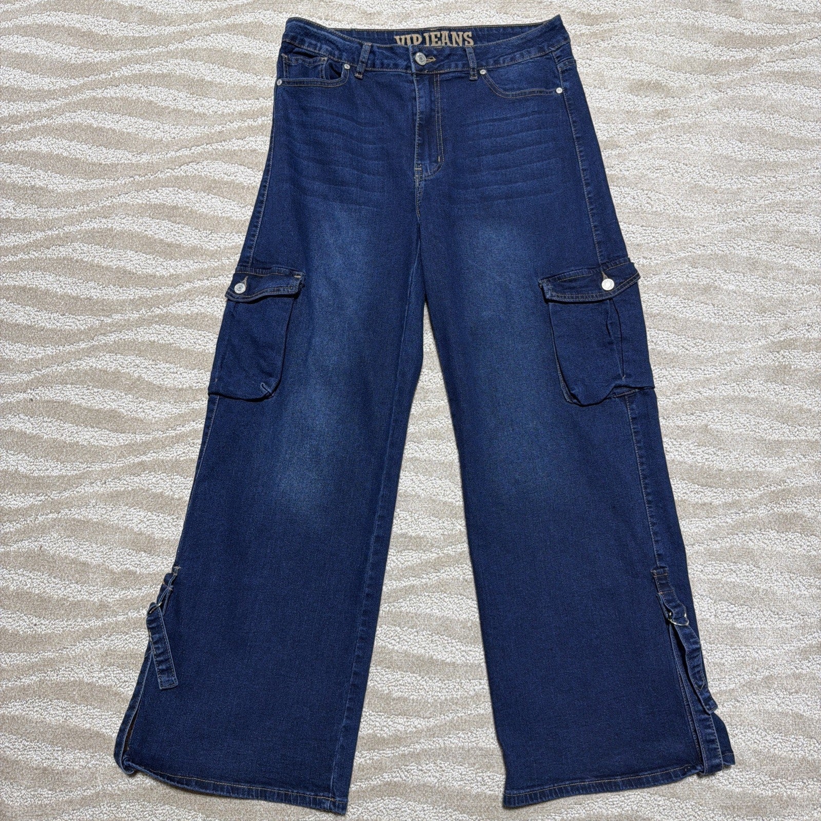 Y2K VIP Baggy Cargo Jeans Wide Leg Baggy Blue Denim 13/31 Strap Utility