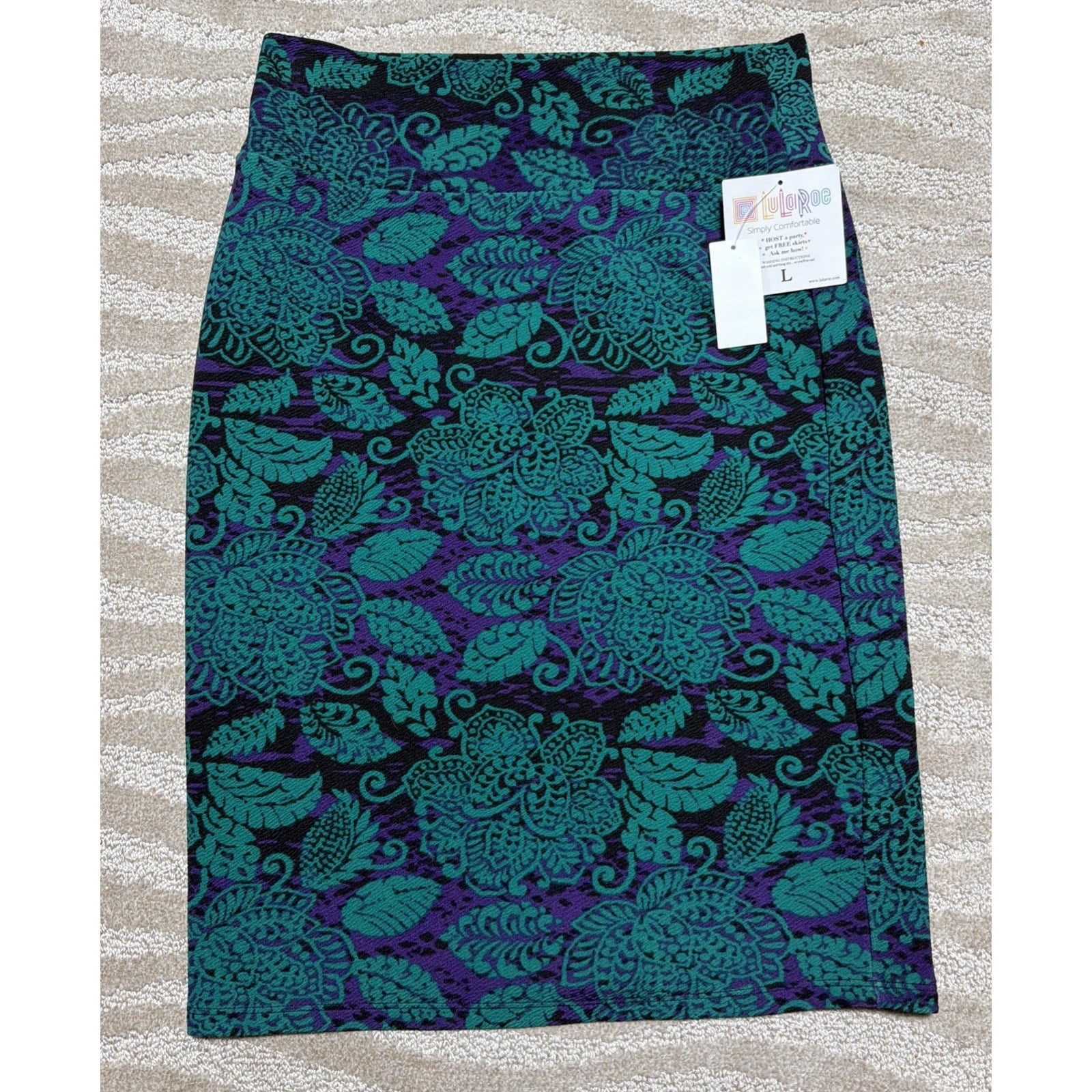 NEW LulaRoe Black Purple Green Floral Swirl Cassie Skirt Large Stretch