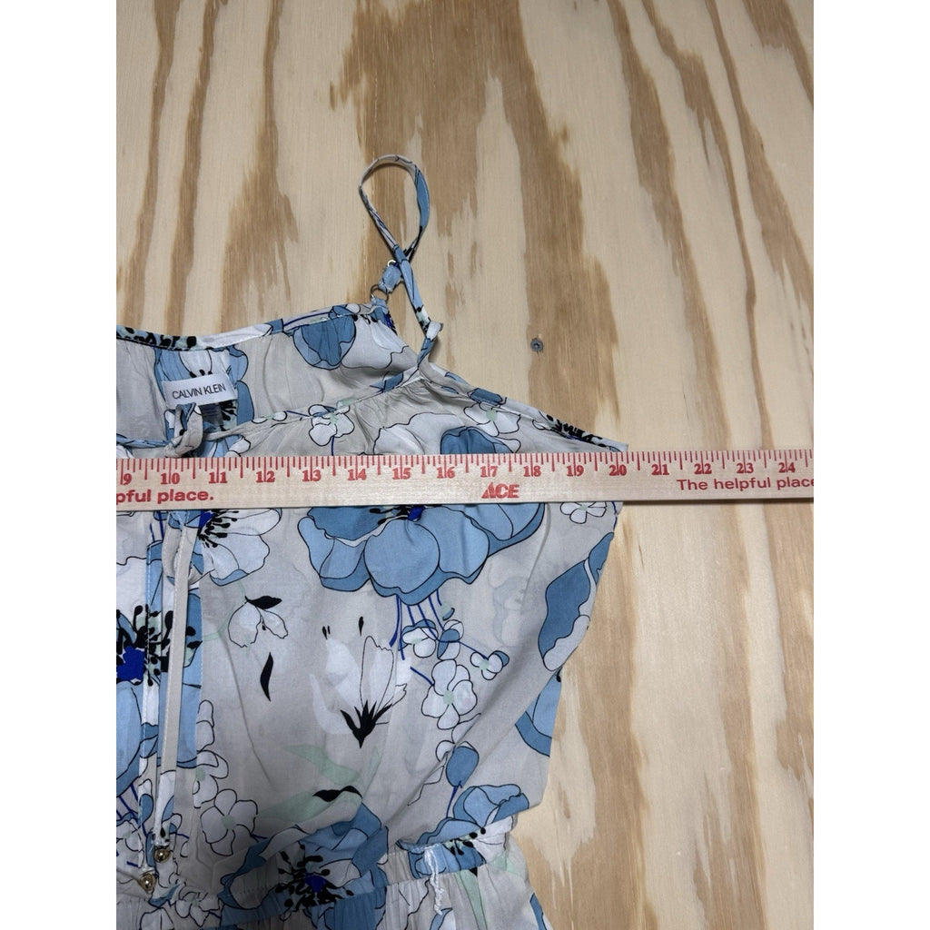Calvin Klein Women’s Floral Sleeveless Dress Size 10 Blue White Tiered Tie Neck