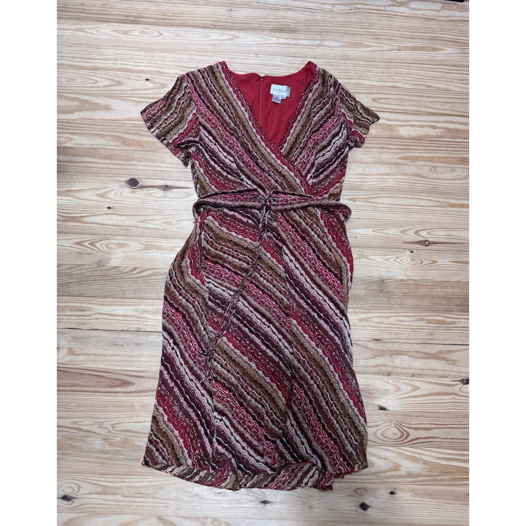 Adrianna Papell Silk Belted Red Brown Striped Print Dress Women’s Size 16