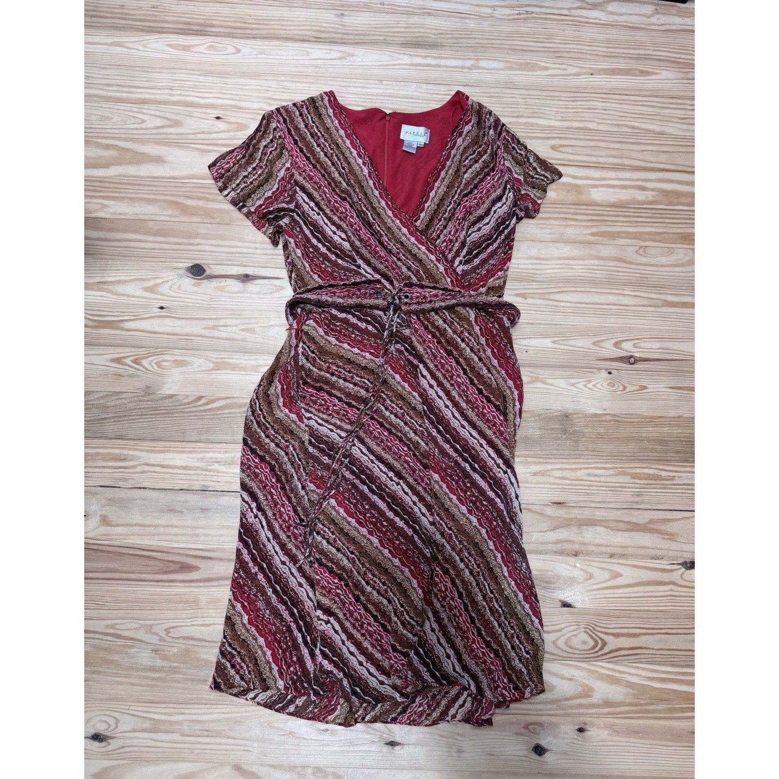 Adrianna Papell Silk Belted Red Brown Striped Print Dress Women’s Size 16