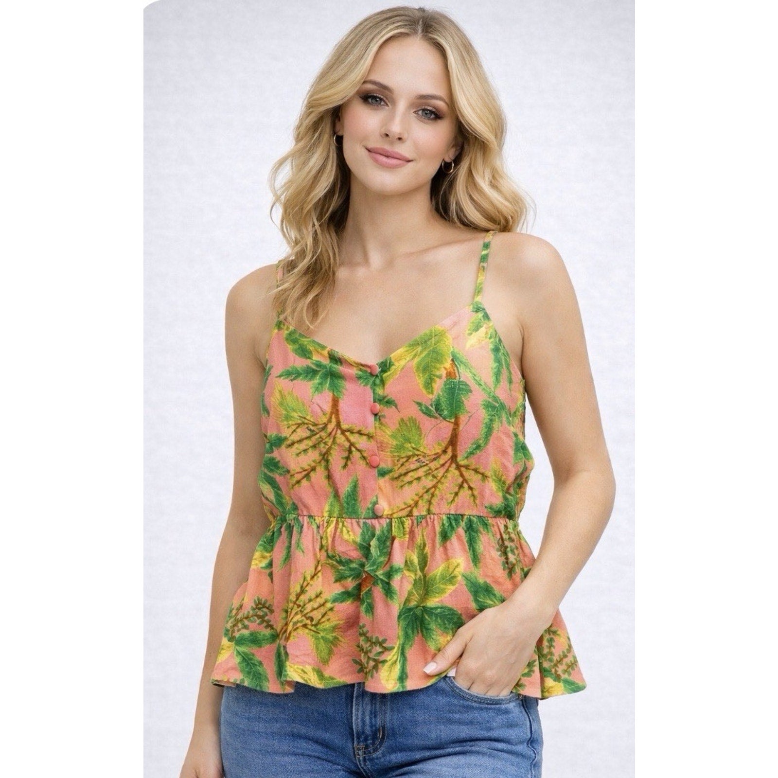 Tropical Peplum Cami Top Women’s XL Pink Green Button Front Rayon Linen Boho