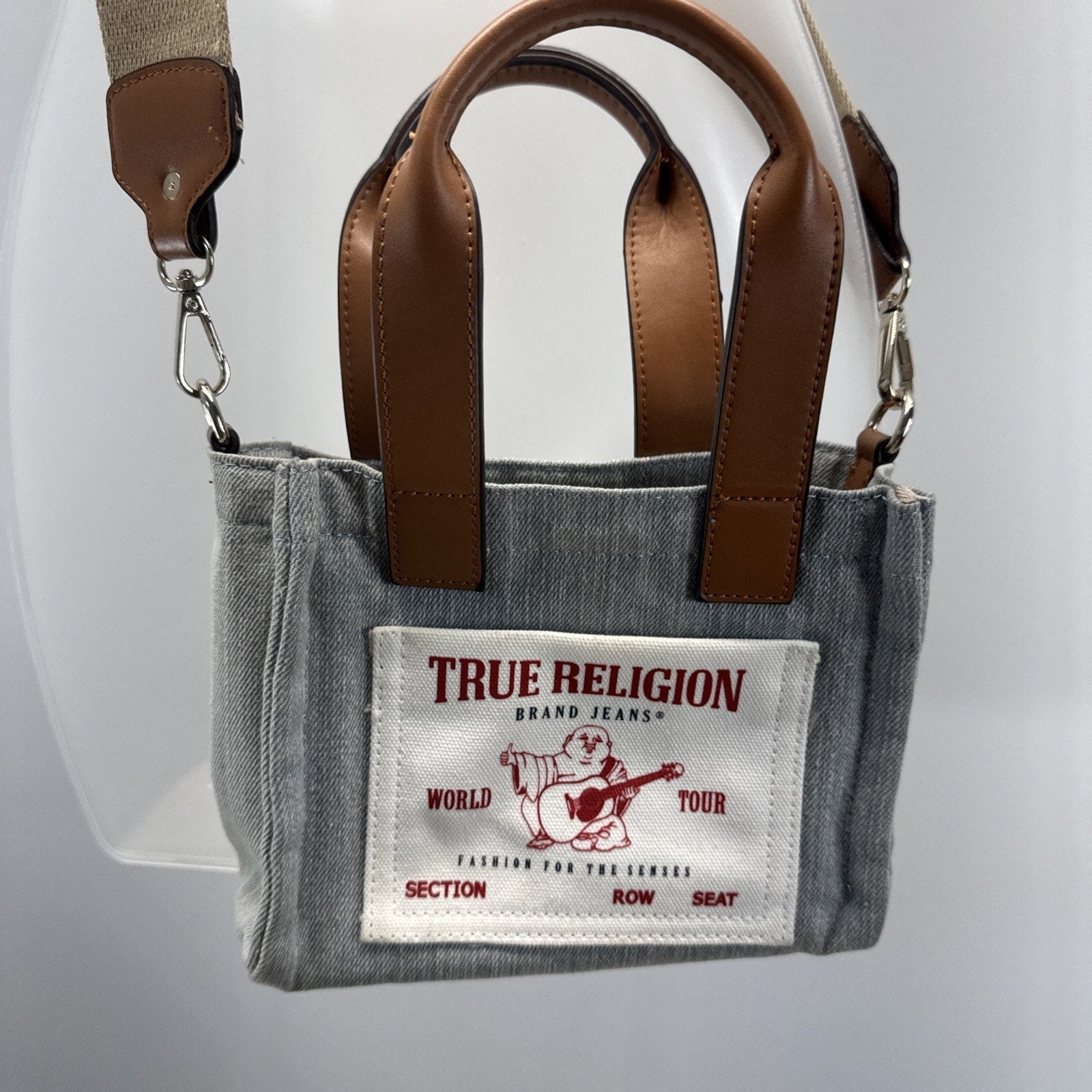 True Religion Small Crossbody, Logo Tote Leather Strap And Denim Body Canvas