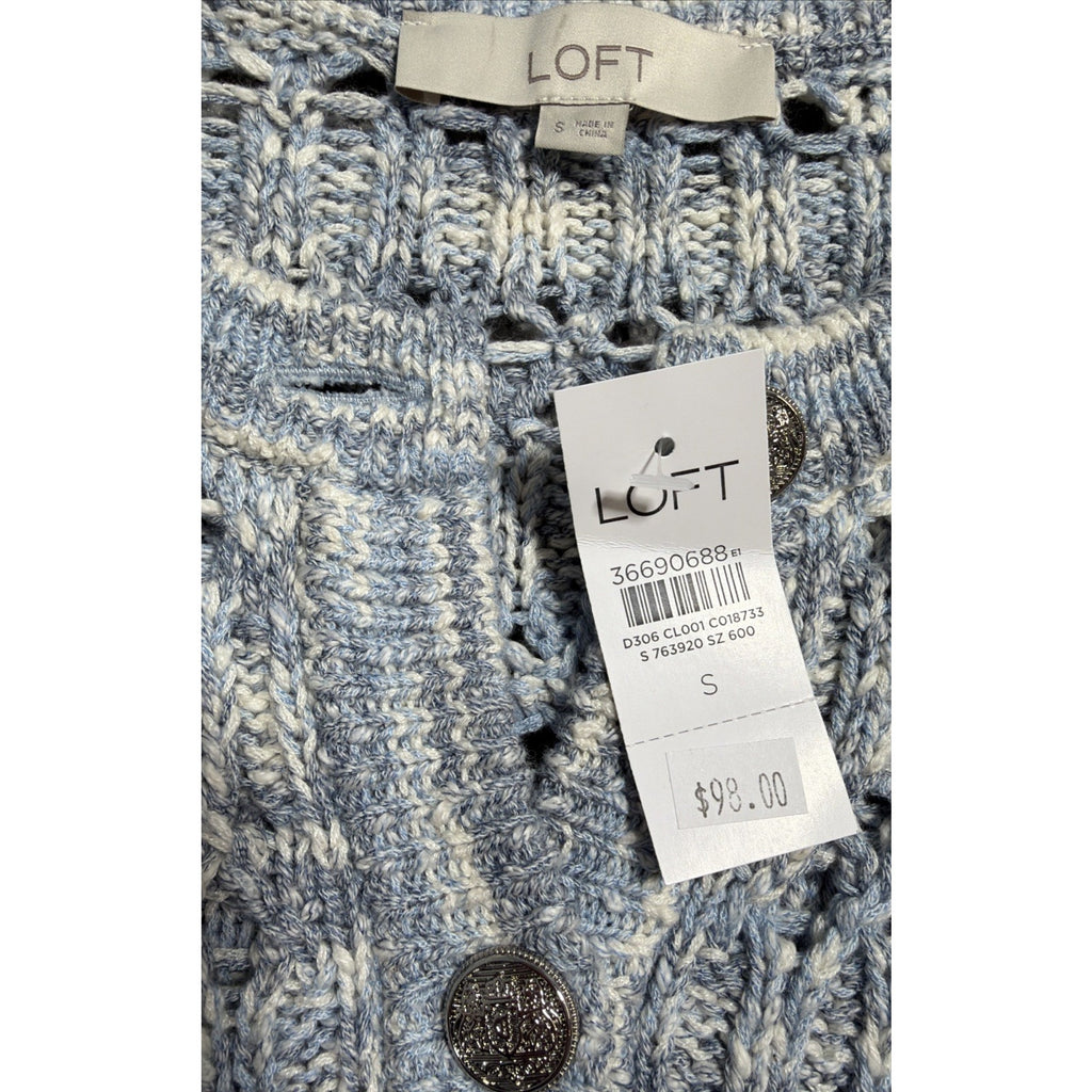 LOFT Marled Chunky-Knit Button V-Neck Cardigan Sweater Blue Small Msrp 98$