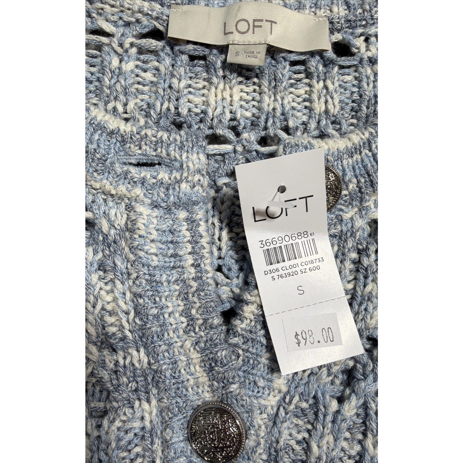 LOFT Marled Chunky-Knit Button V-Neck Cardigan Sweater Blue Small Msrp 98$