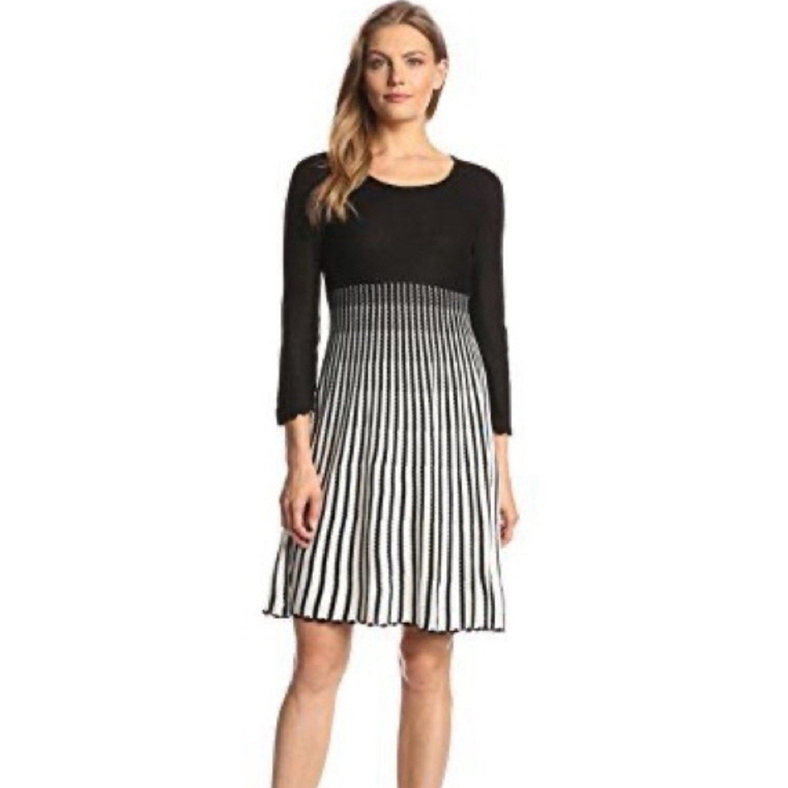 Calvin Klein Women’s Dress Medium Black White Sweater Dress Knee Length Striped