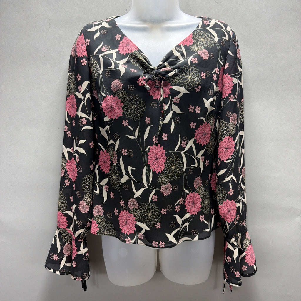 Ann Taylor LOFT Black Pink Floral Print Bell Sleeve Lined Blouse Size XS
