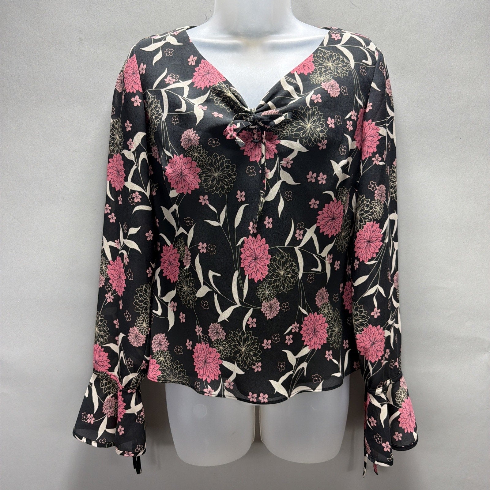 Ann Taylor LOFT Black Pink Floral Print Bell Sleeve Lined Blouse Size XS
