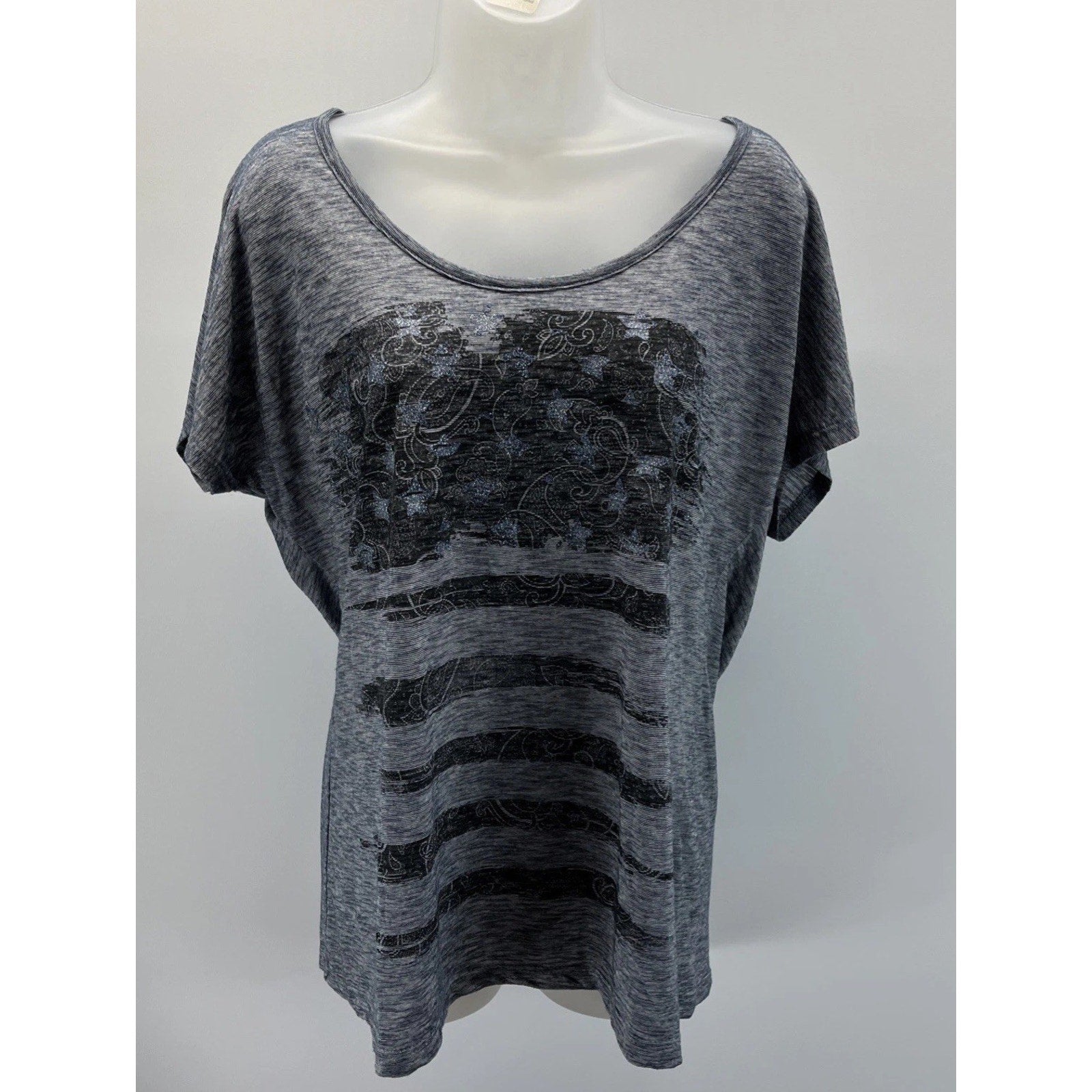 GREEN SOURCE AMERICANA AMERICAN FLAG Heather Blue T-SHIRT WOMEN'S L