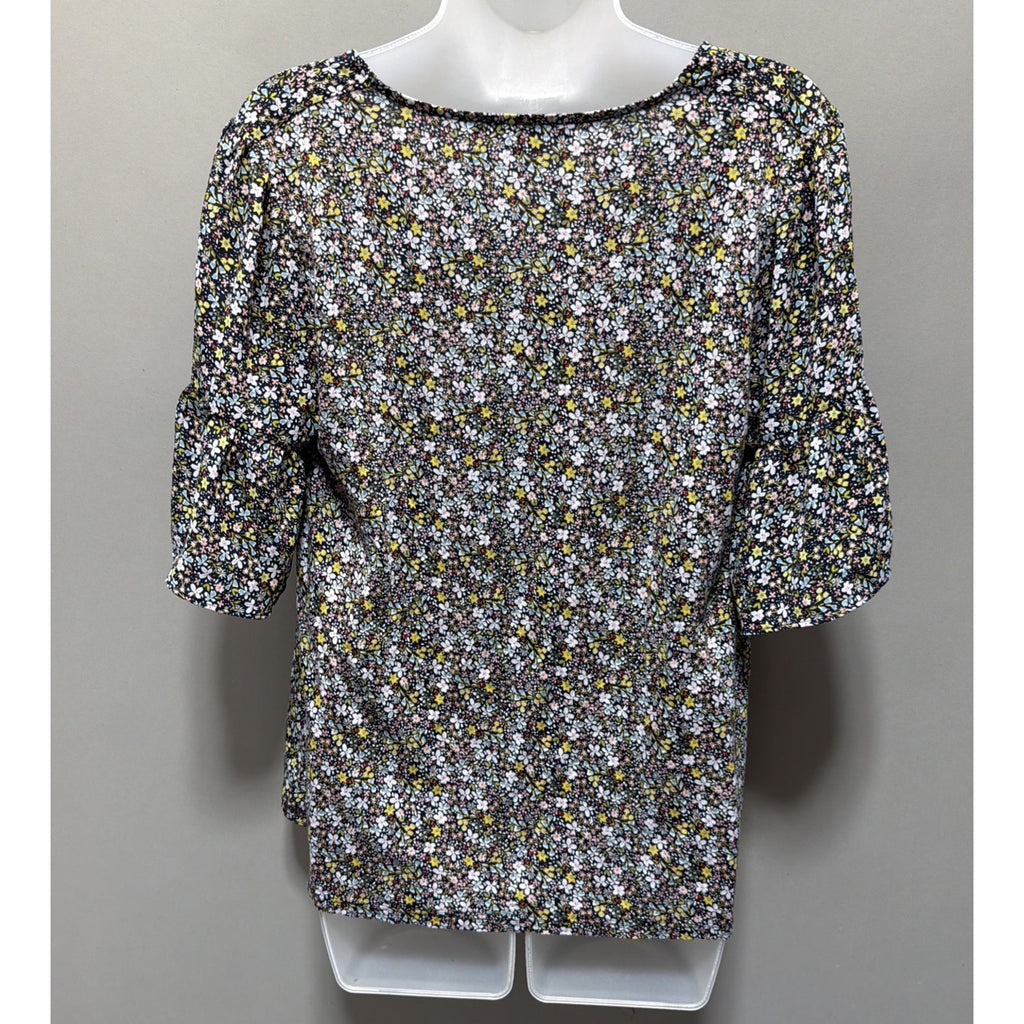 Womens M Loft Floral Print V-Neck Navy Blue Bell Sleeve Blouse Top