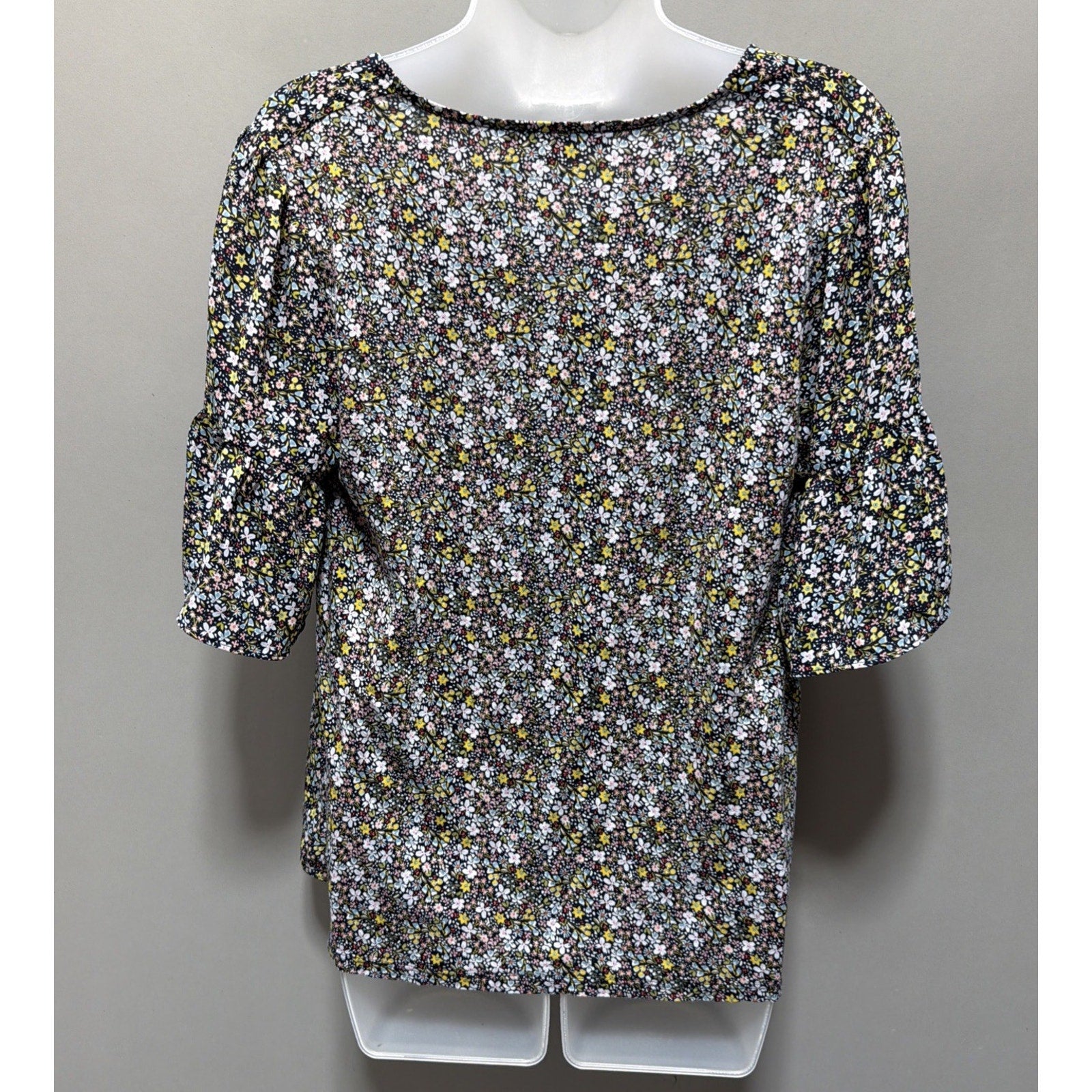 Womens M Loft Floral Print V-Neck Navy Blue Bell Sleeve Blouse Top