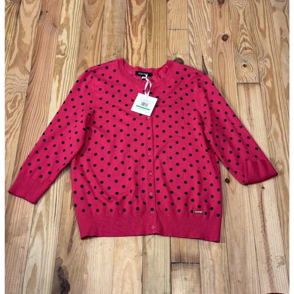 Ellen Tracy Women's Cardigan Sweater Size Large Pink Blue Polkadots 3/4 Sleeve