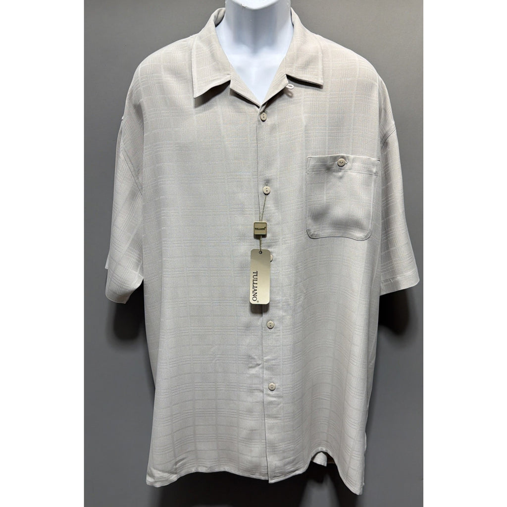 TULLIANO Men 100% silk Sand Short sleeve Luxury Camp shirt Size XXL
