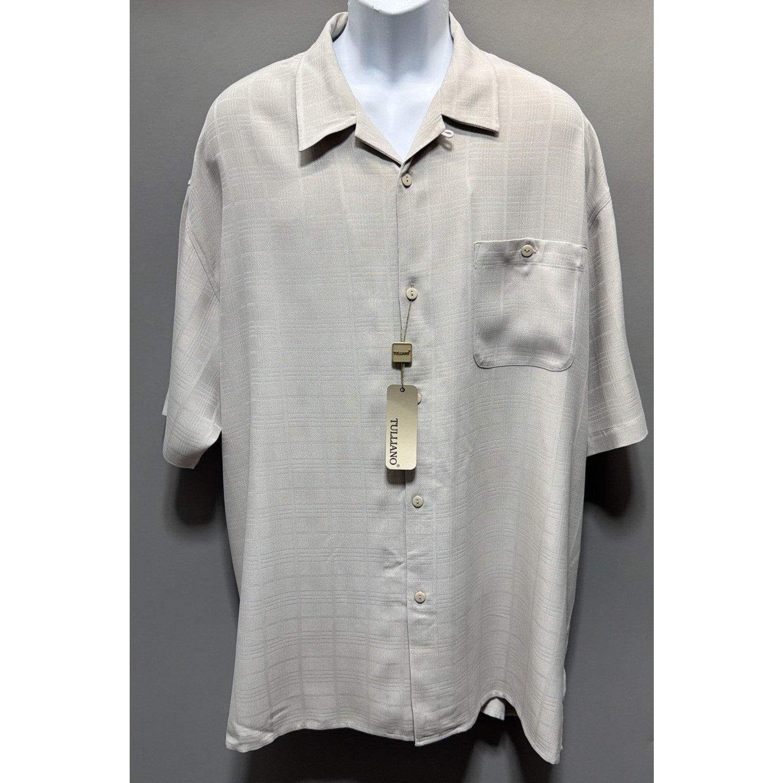 TULLIANO Men 100% silk Sand Short sleeve Luxury Camp shirt Size XXL