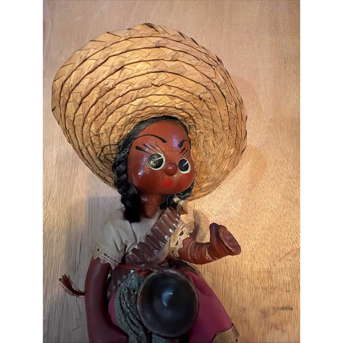 Vintage Mexican Folk Art Mother Baby Doll Sombrero Bowl Pink Dress 14” Souvenir