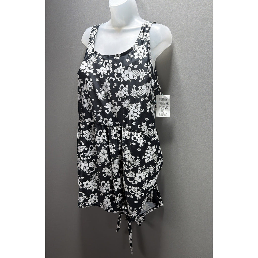 Blair Swimsuit 24W One Pc Romper Black White Tie Waist Built In Bra Brief NWT