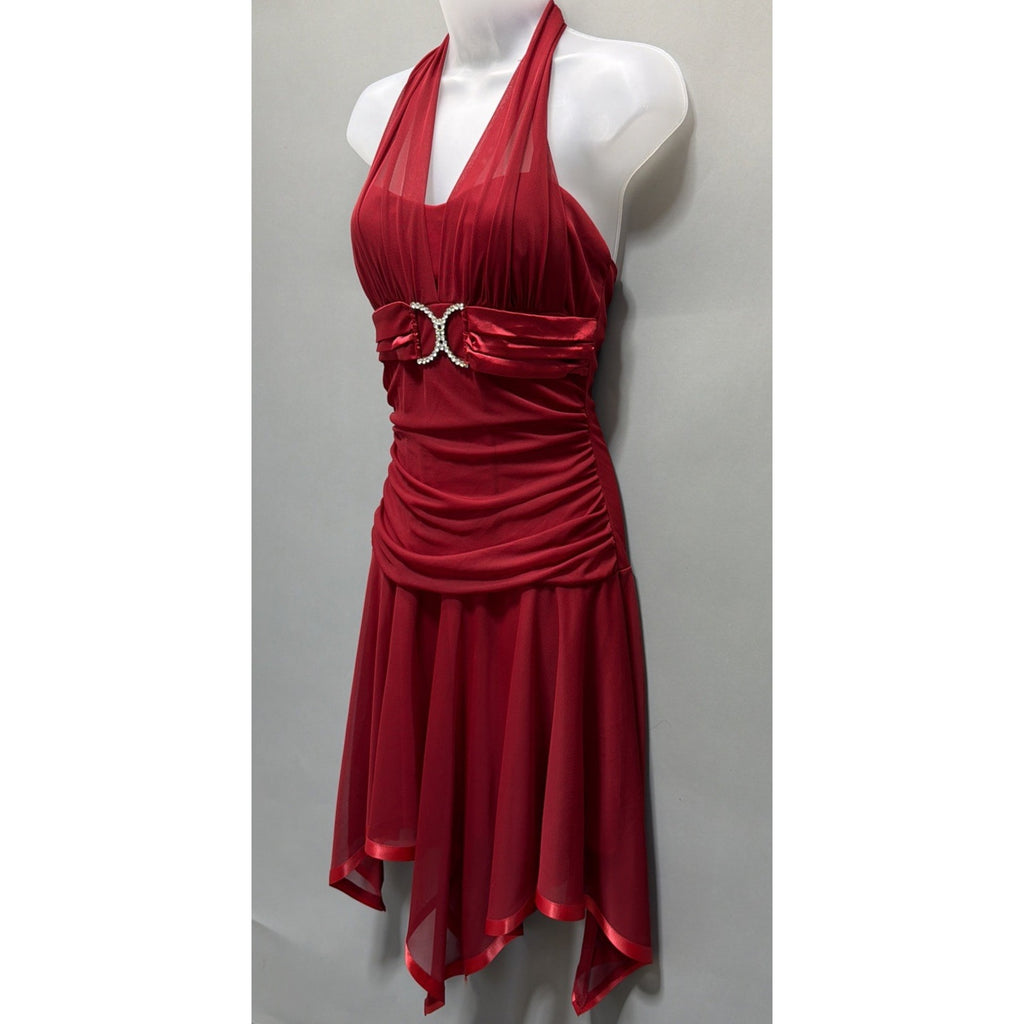 Y2K Taboo Asymmetrical Hem Midi Dress VTG 2000s Red /Slinky/Rhinestones Buckle M