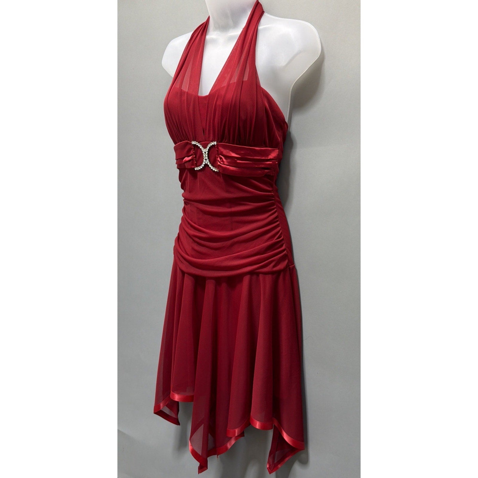 Y2K Taboo Asymmetrical Hem Midi Dress VTG 2000s Red /Slinky/Rhinestones Buckle M