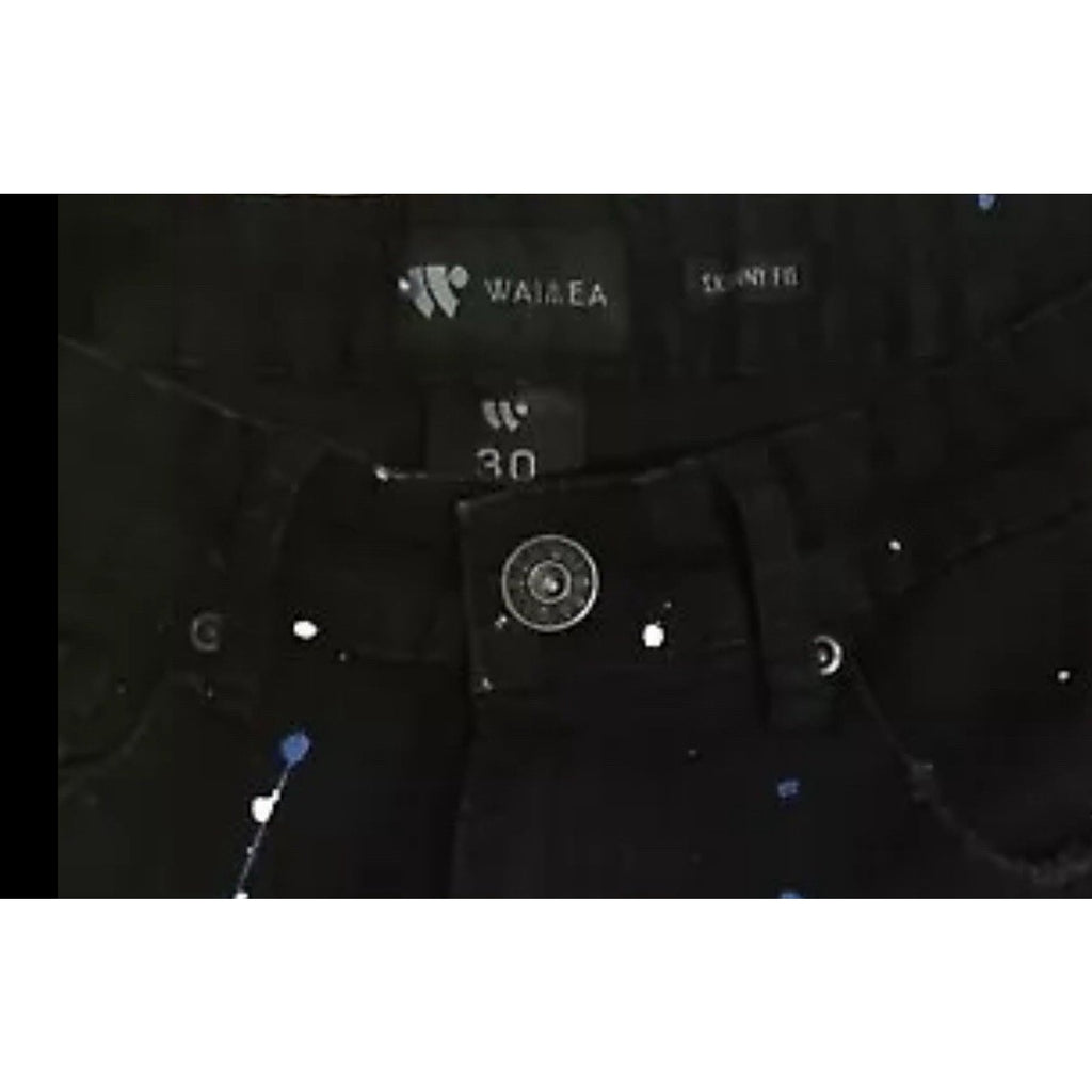 Waimea Paint Splatter Ripped Black Denim Shorts Skinny Fit Frayed Men's 30