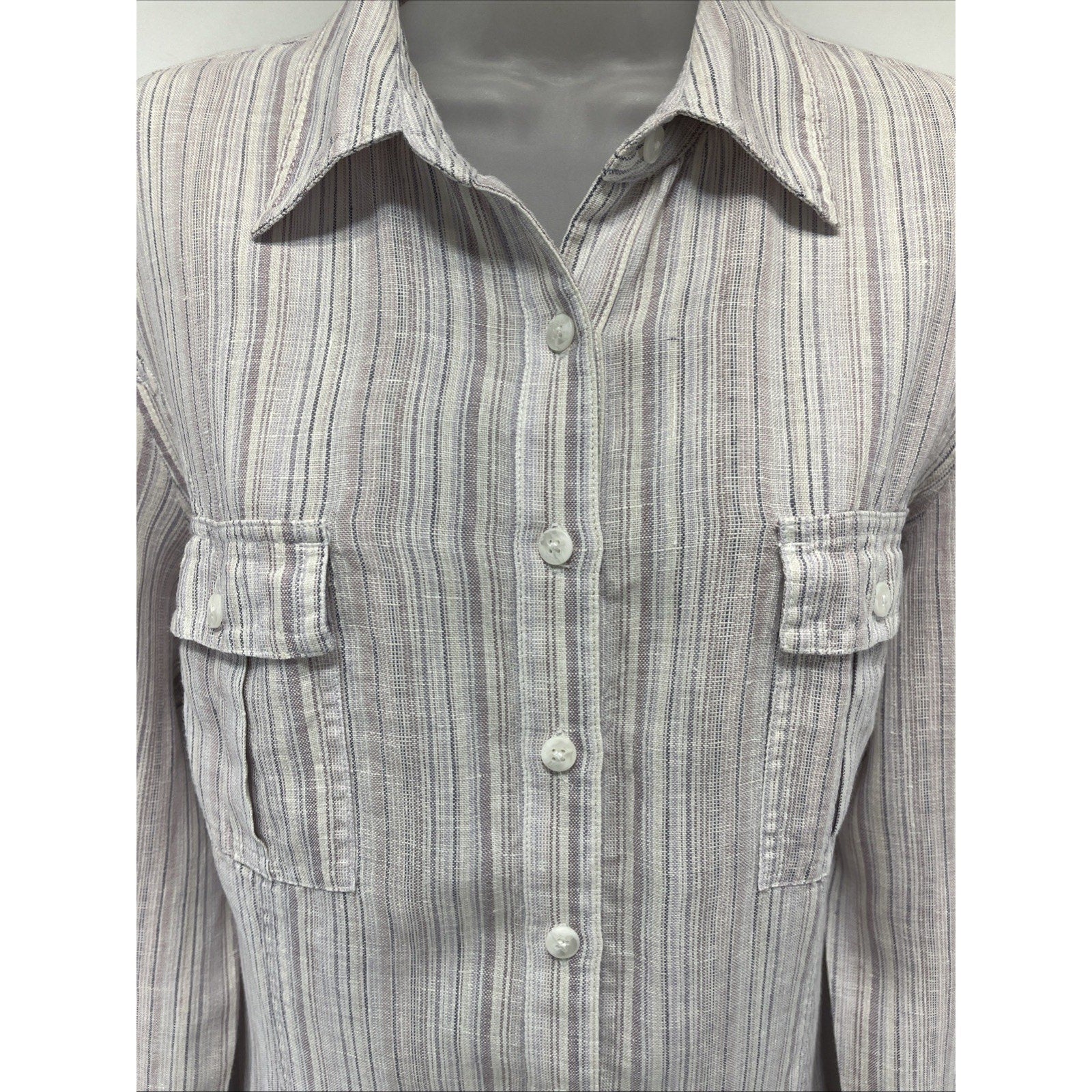 Coldwater Creek Womens L Pastel Multicolor Striped 100% Linen Shirt Button Up