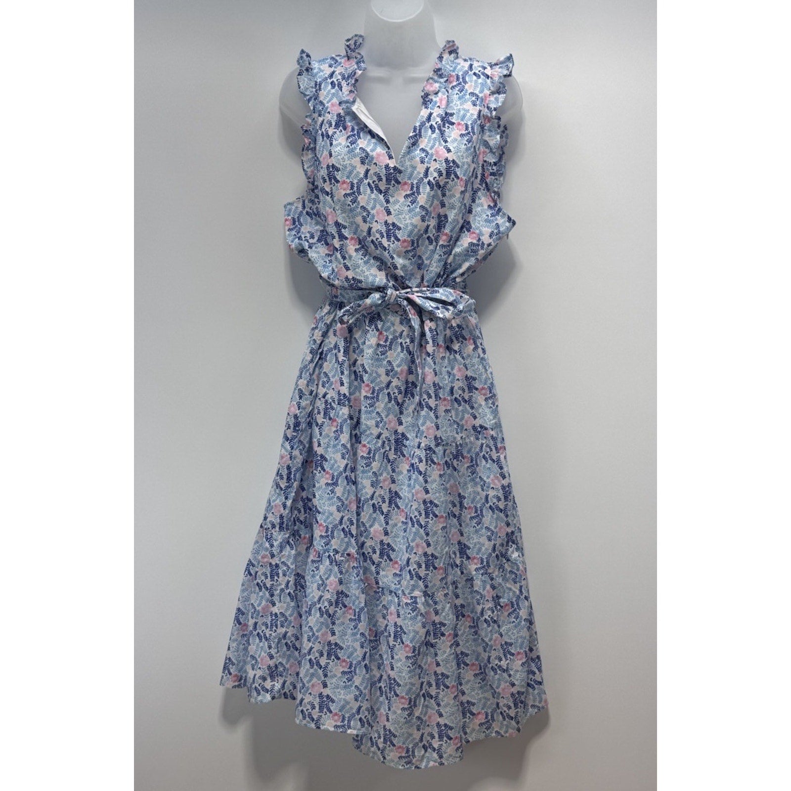 Talbots Blue Pink Floral Tiered Maxi Dress Elastic Waist With Tie Women’s 14 NWT