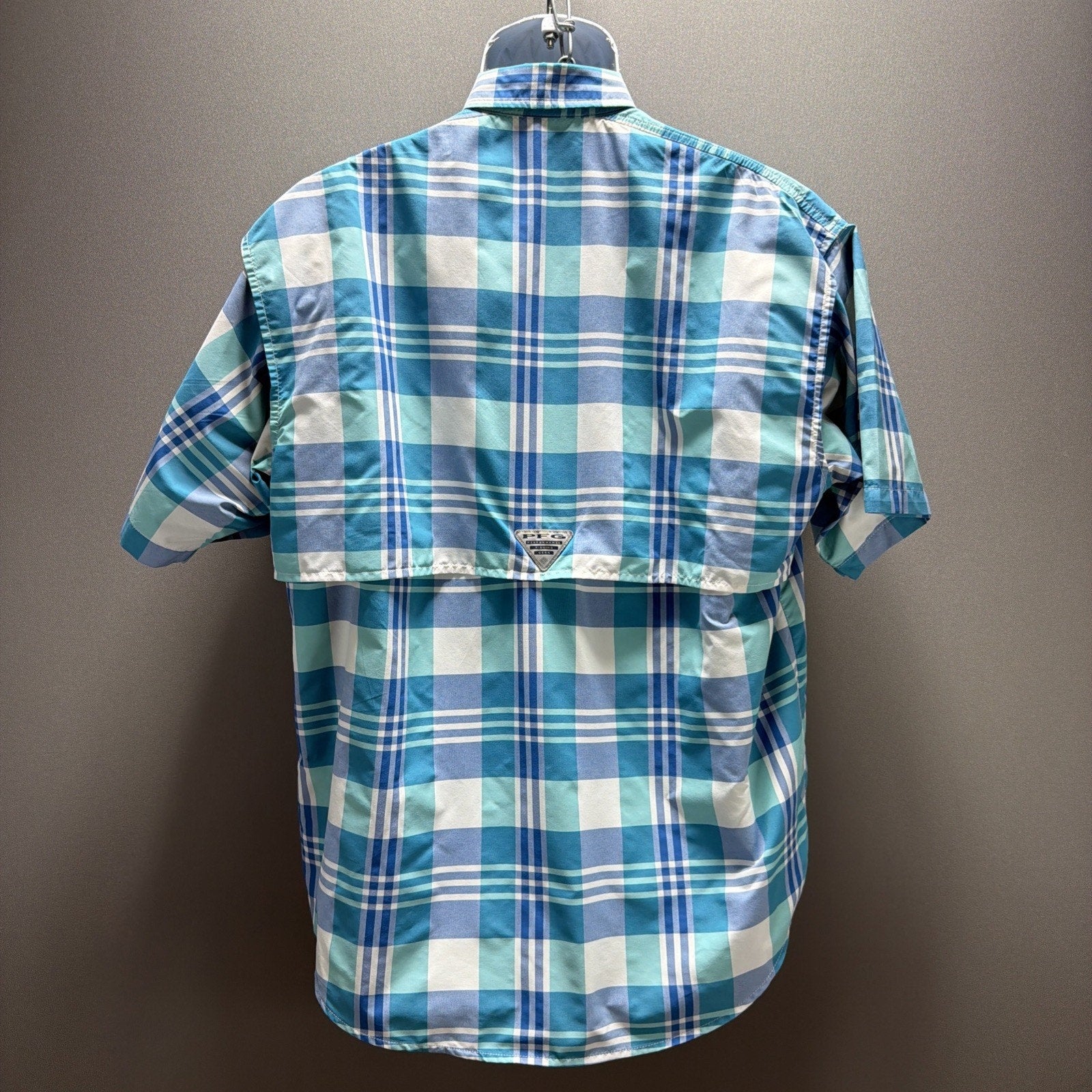 Columbia PFG Super Bahama Shirt Mens S Short Sleeve Fishing Plaid Blue