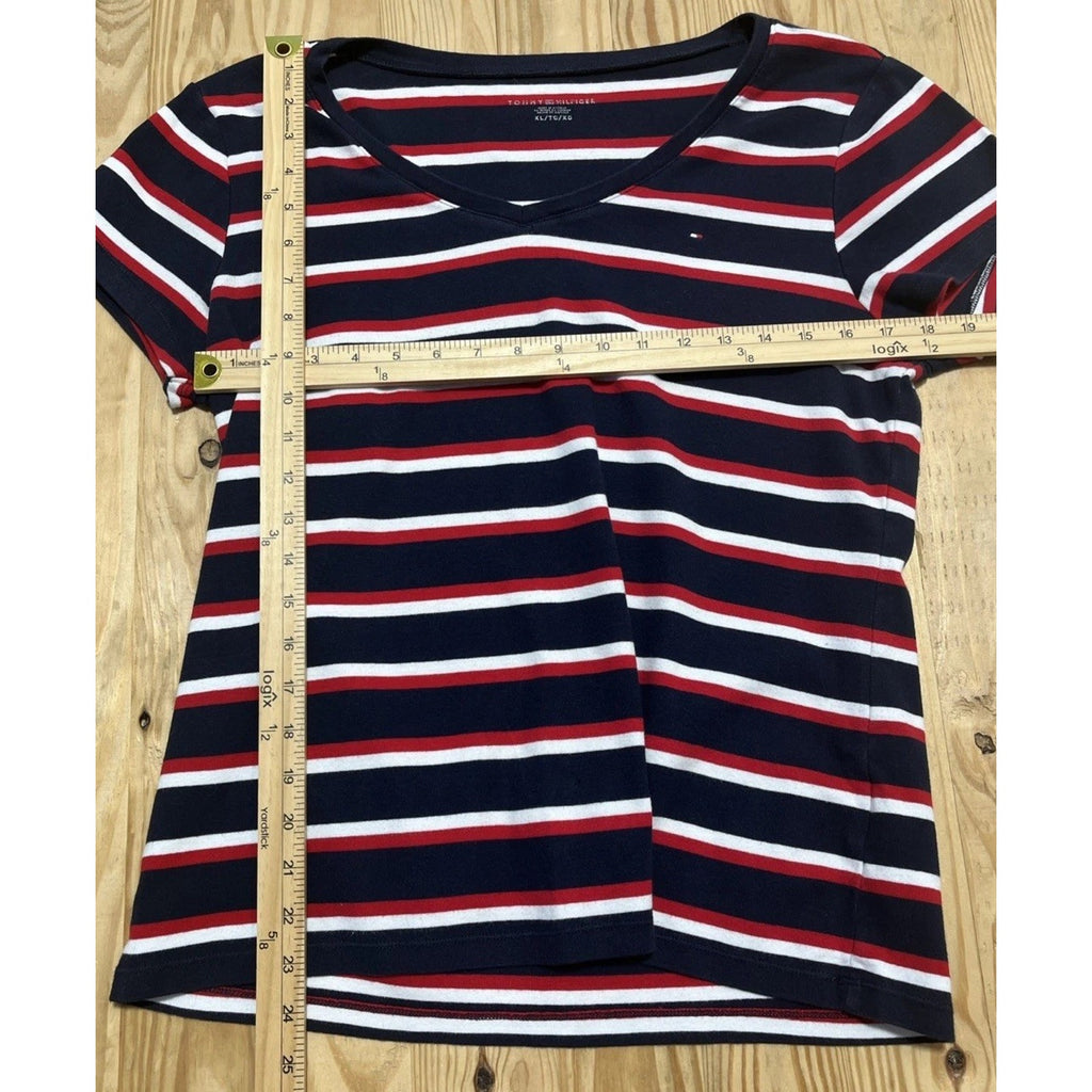 Tommy Hilfiger Women’s Short Sleeve V Neck Blue Red & White Stripes Shirt XL