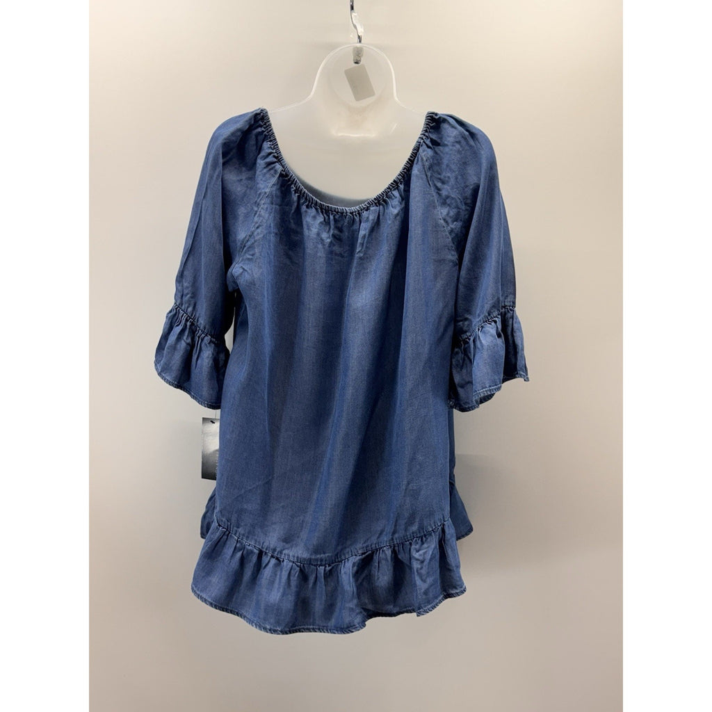 Signature Studio Peasant Top Blue Chambray 3/4 Sleeve Ruffle Women’s Size L NWT