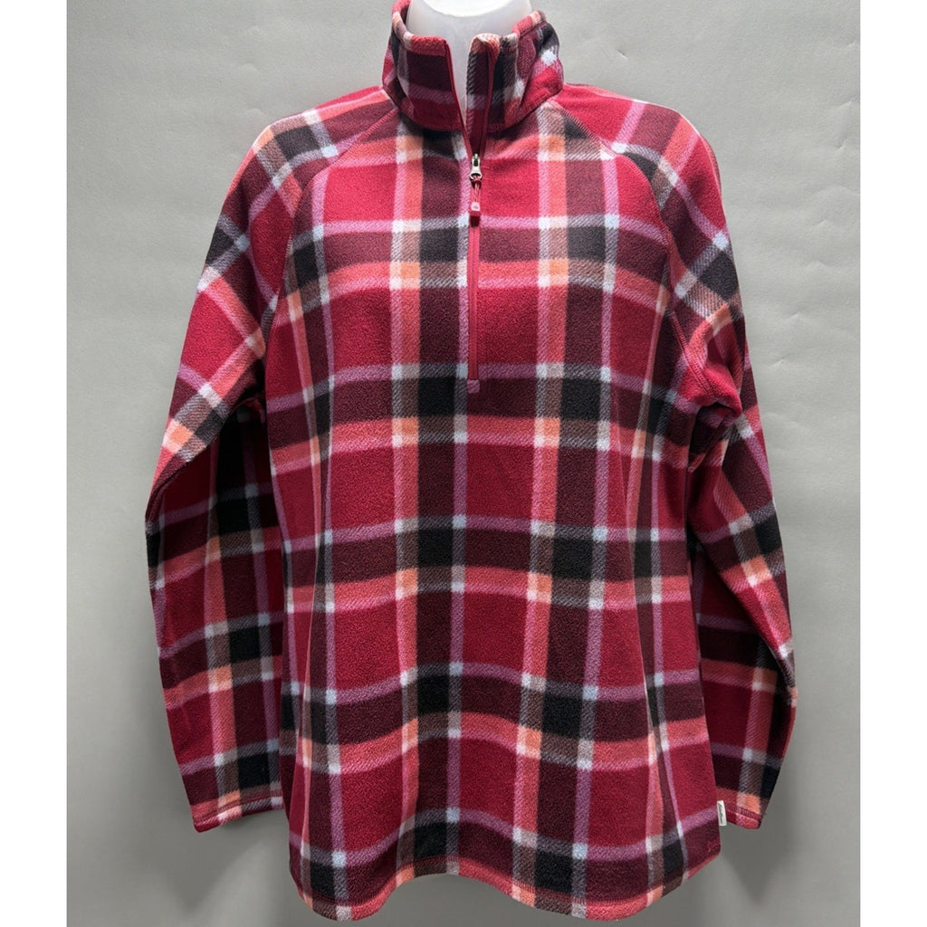 Eddie Bauer Womens L Sweater Fleece Red Plaid 1/4 Zip Pullover Long Sleeve NWOT