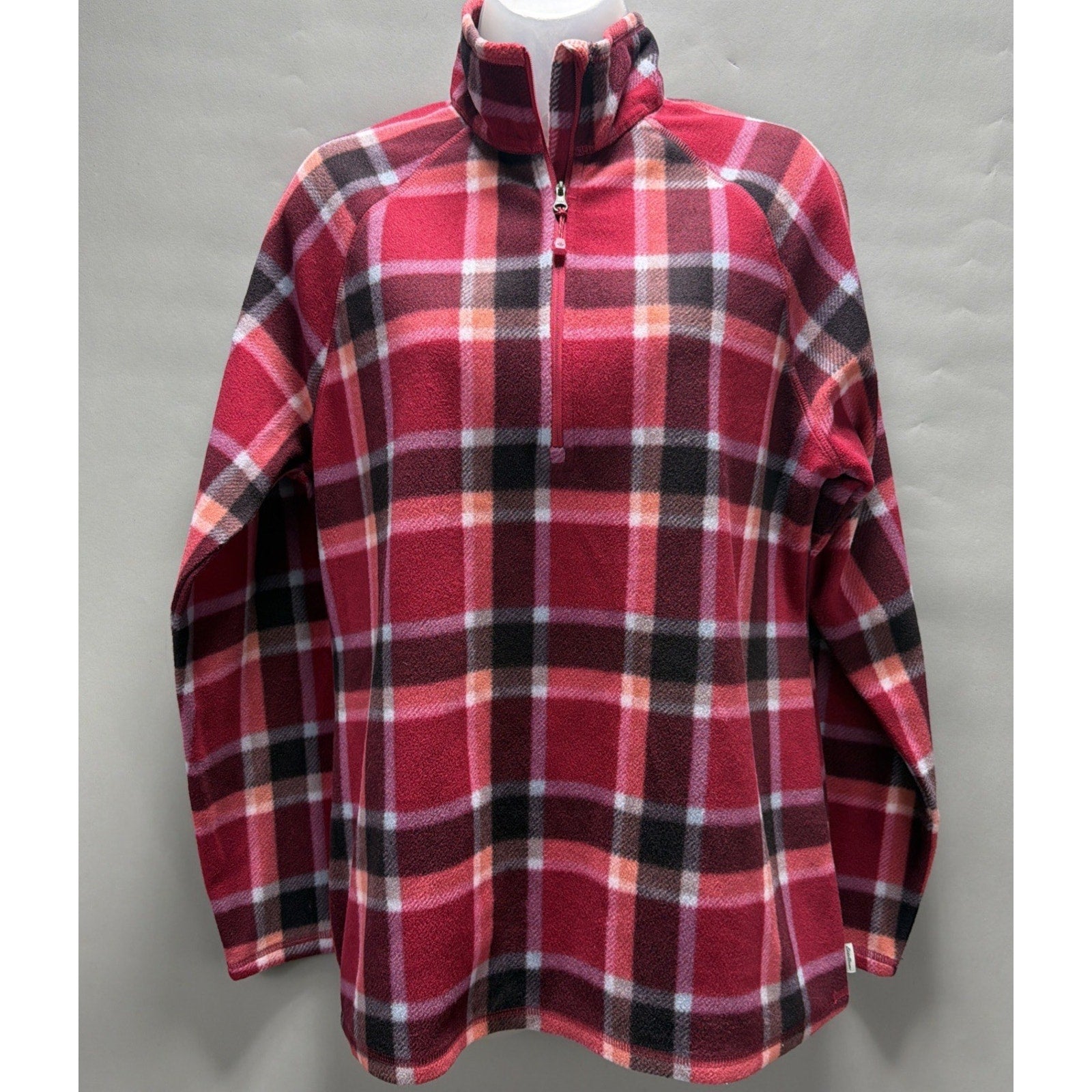 Eddie Bauer Womens L Sweater Fleece Red Plaid 1/4 Zip Pullover Long Sleeve NWOT