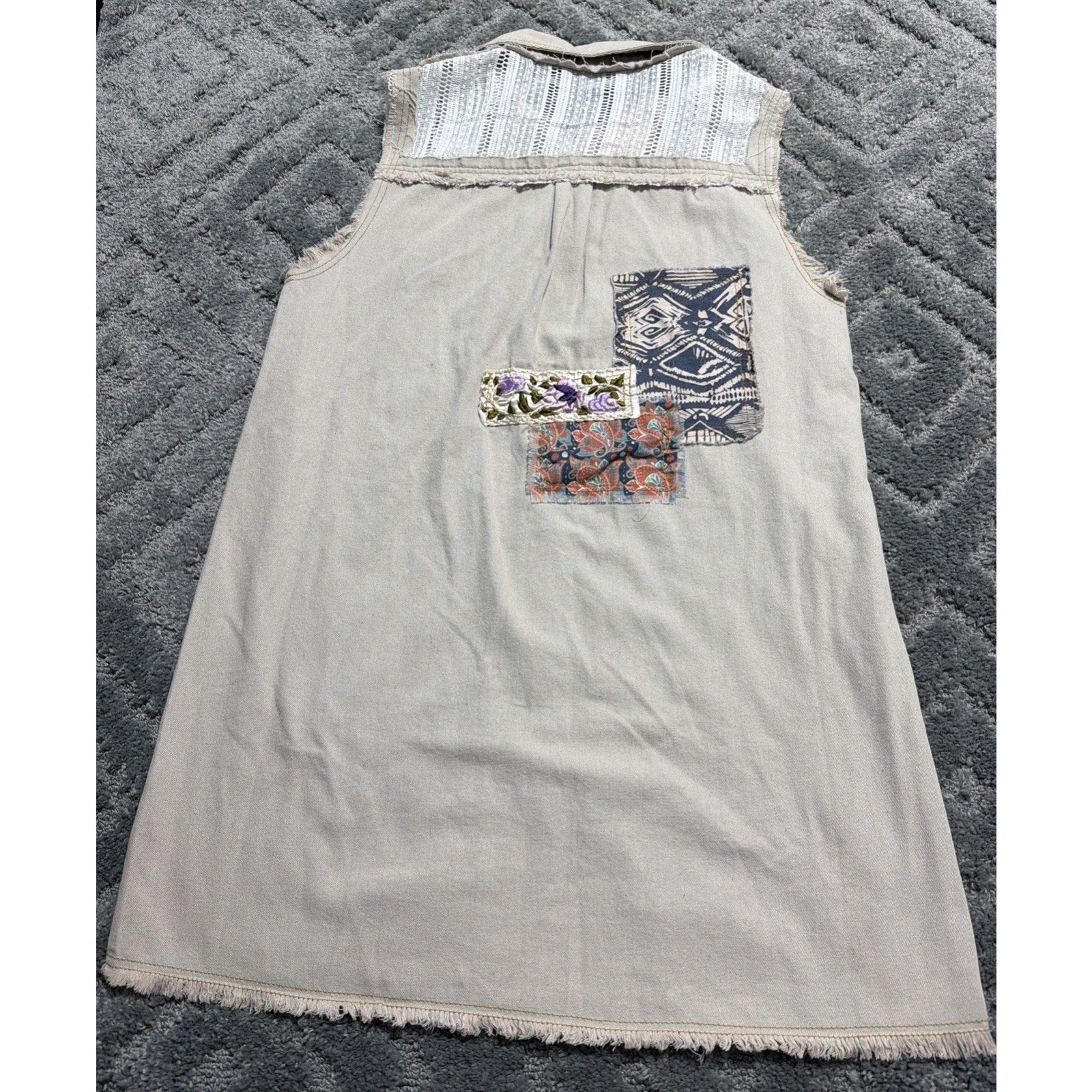 POL M Denim Patchwork Embroidered Boho Sleeveless Double Gauze Vest Dress New