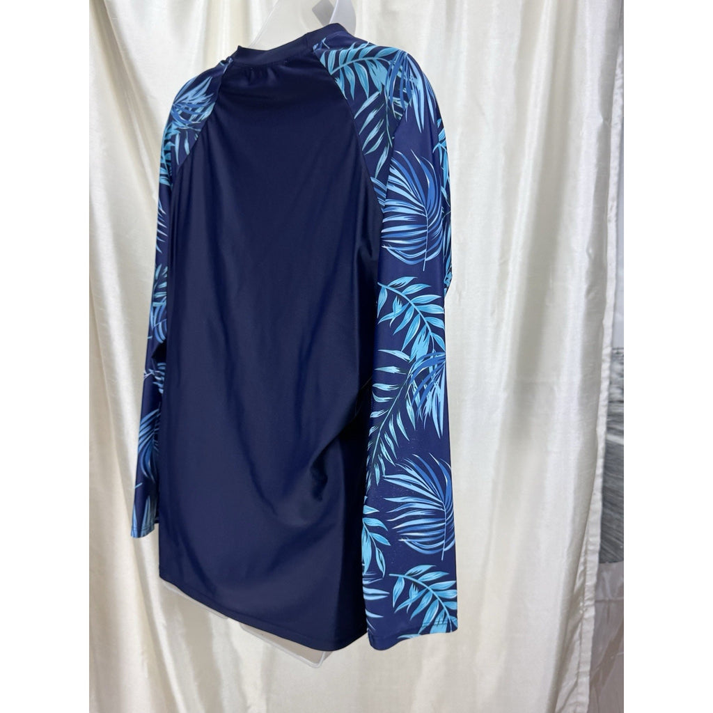 Jasambac Women's 2XL Long Sleeve Floral Tropical Full Zip Swim Top Navy Blue