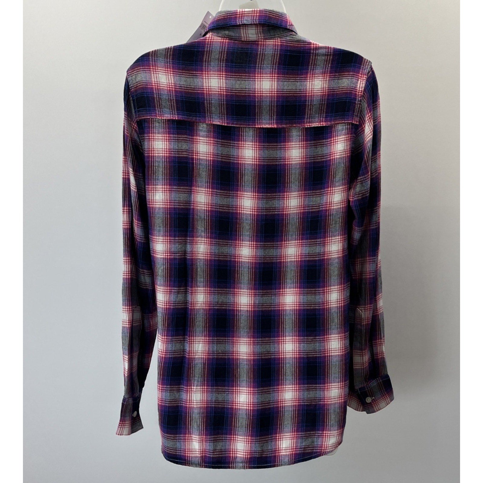 NWT Gap Long Sleeve Drapey Plaid Button Up Top Navy Pink Soft Size S