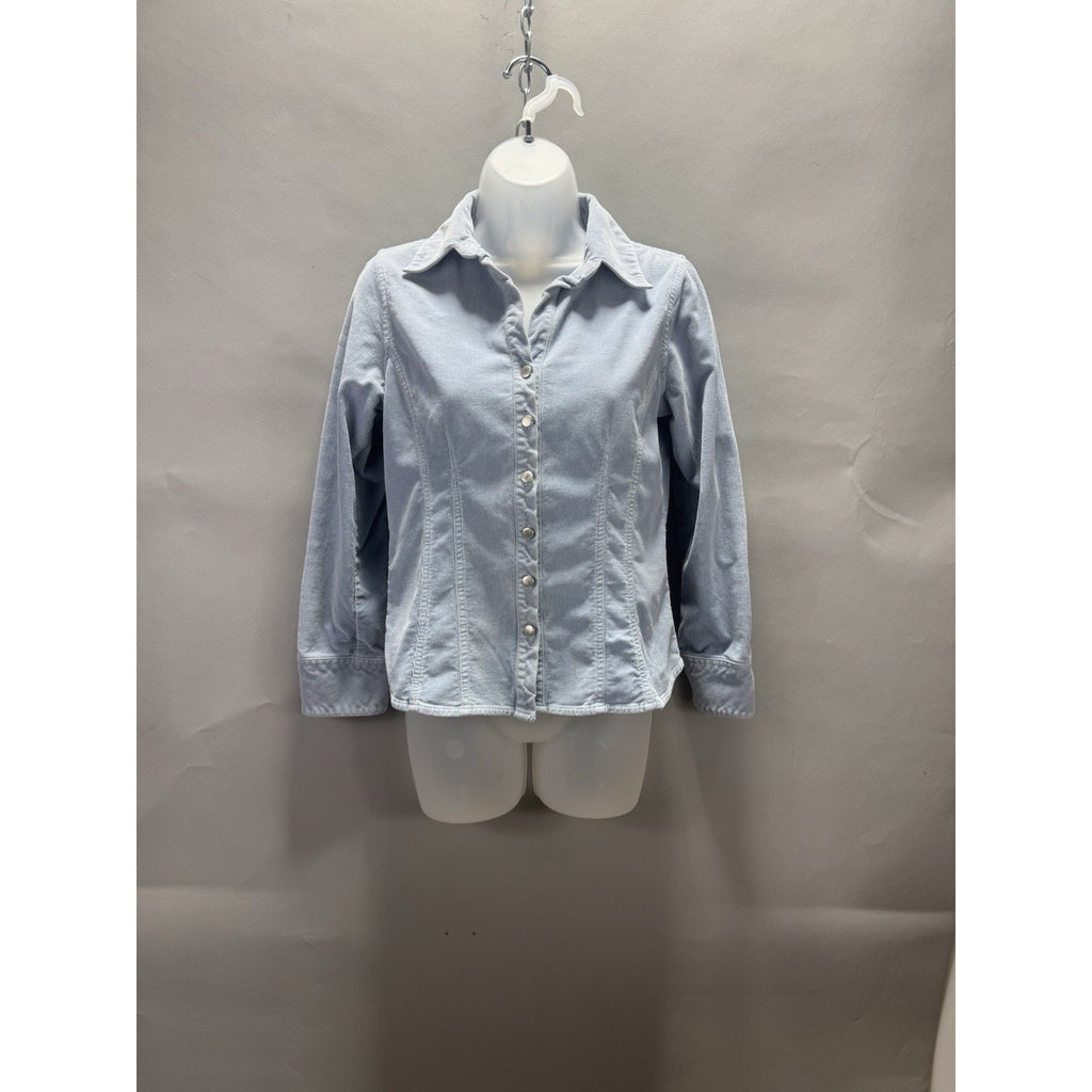 Womens Small Light Blue Stretch Corduroy Snap Front Shirt Jacket Fitted Western